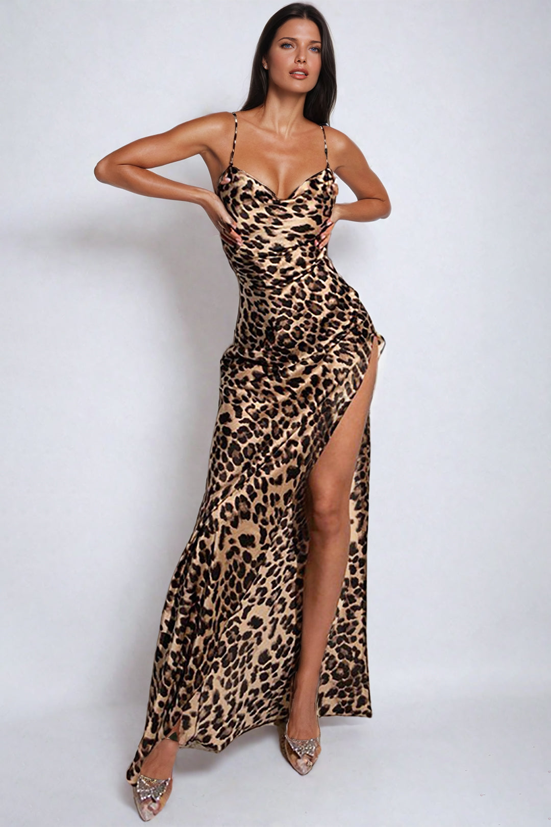 Leopard Print Cross Chain Backless Cowl Neck Slit Maxi Dress