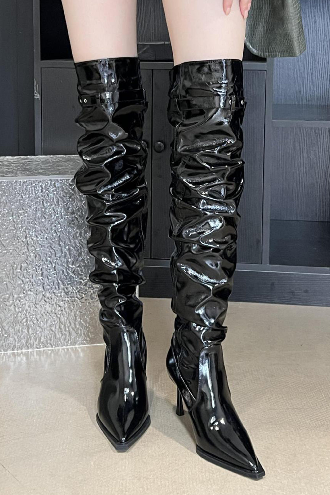 Faux Leather Pointed Toe Over The Knee Boots