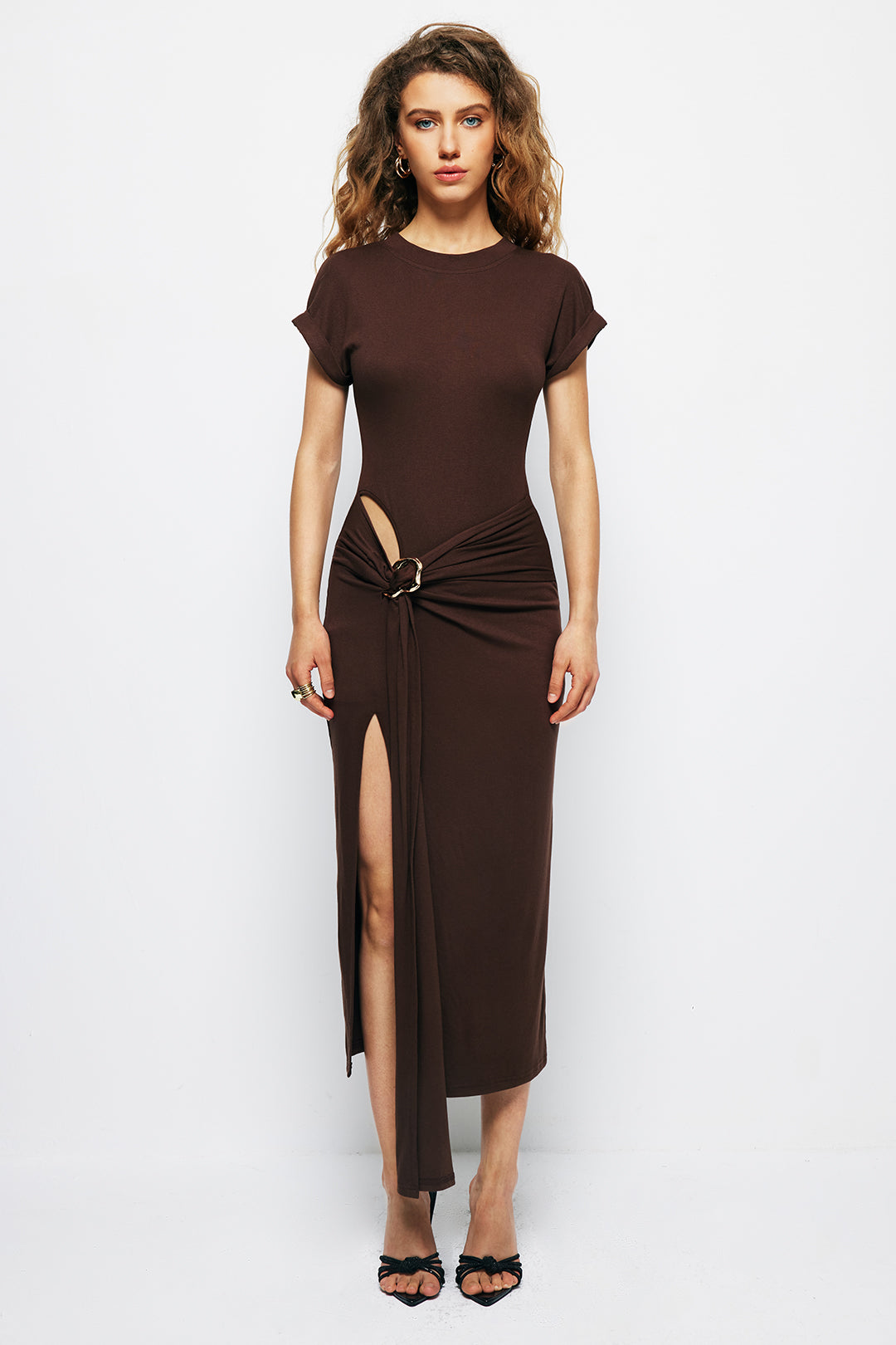 Tie Cut Out Ruched Midi Dress