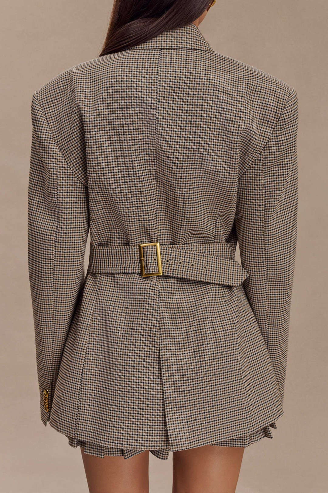 Plaid Print Notched Lapel Button Belted Blazer