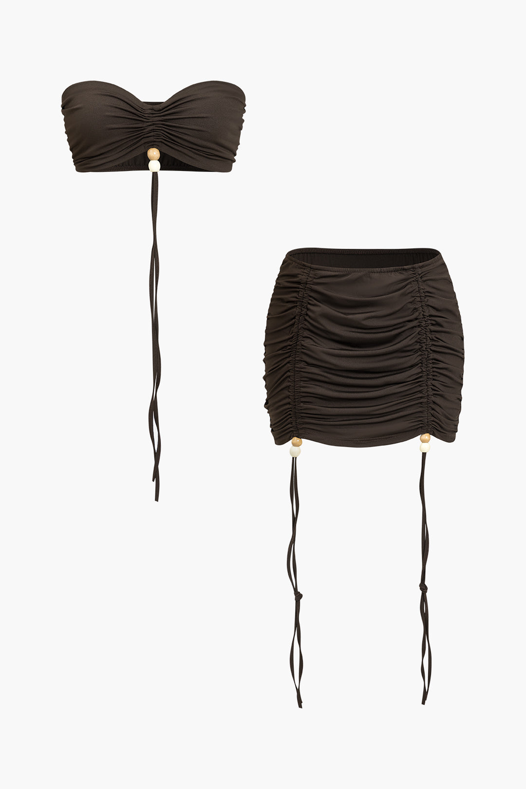 Solid Ruched Drawstring Tie-Up Skirt Set