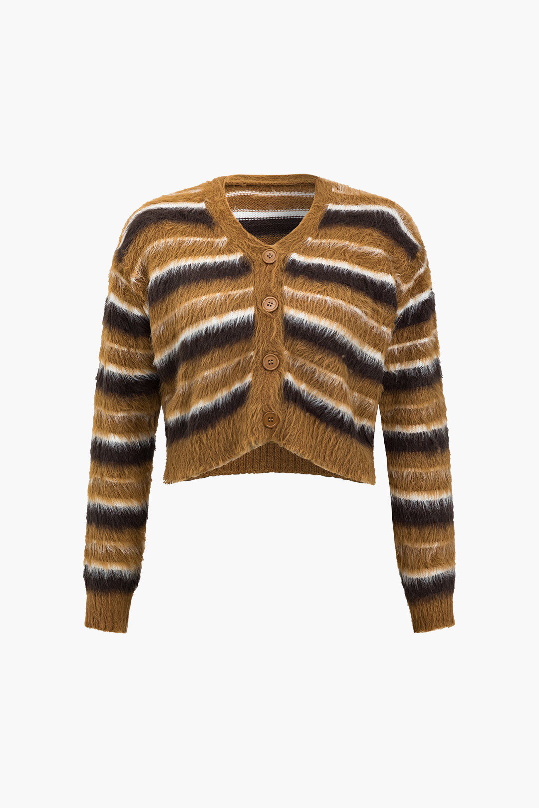 Knitted Stripe Fuzzy Button Long-Sleeve Top