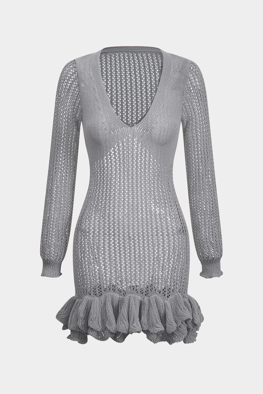 Knit Mesh Scallop Edge Long Sleeve Dress