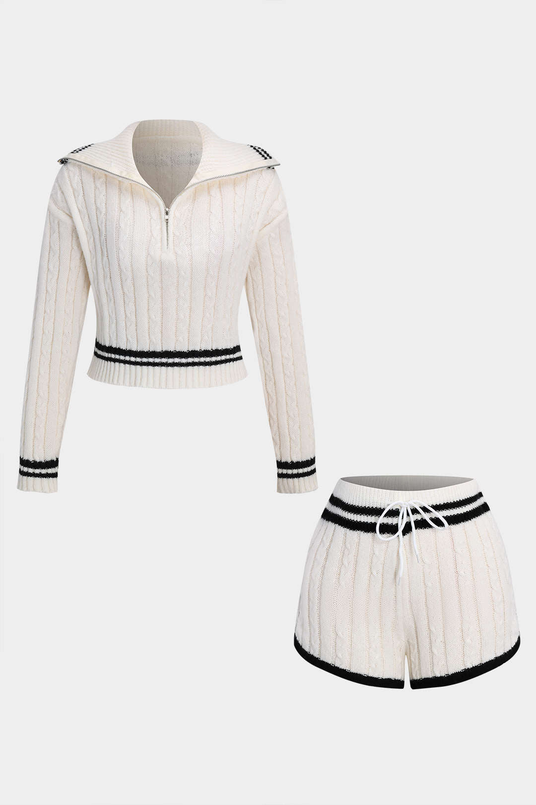 Contrast Knit Zipper Long Sleeve Top And Tie Front Shorts Set