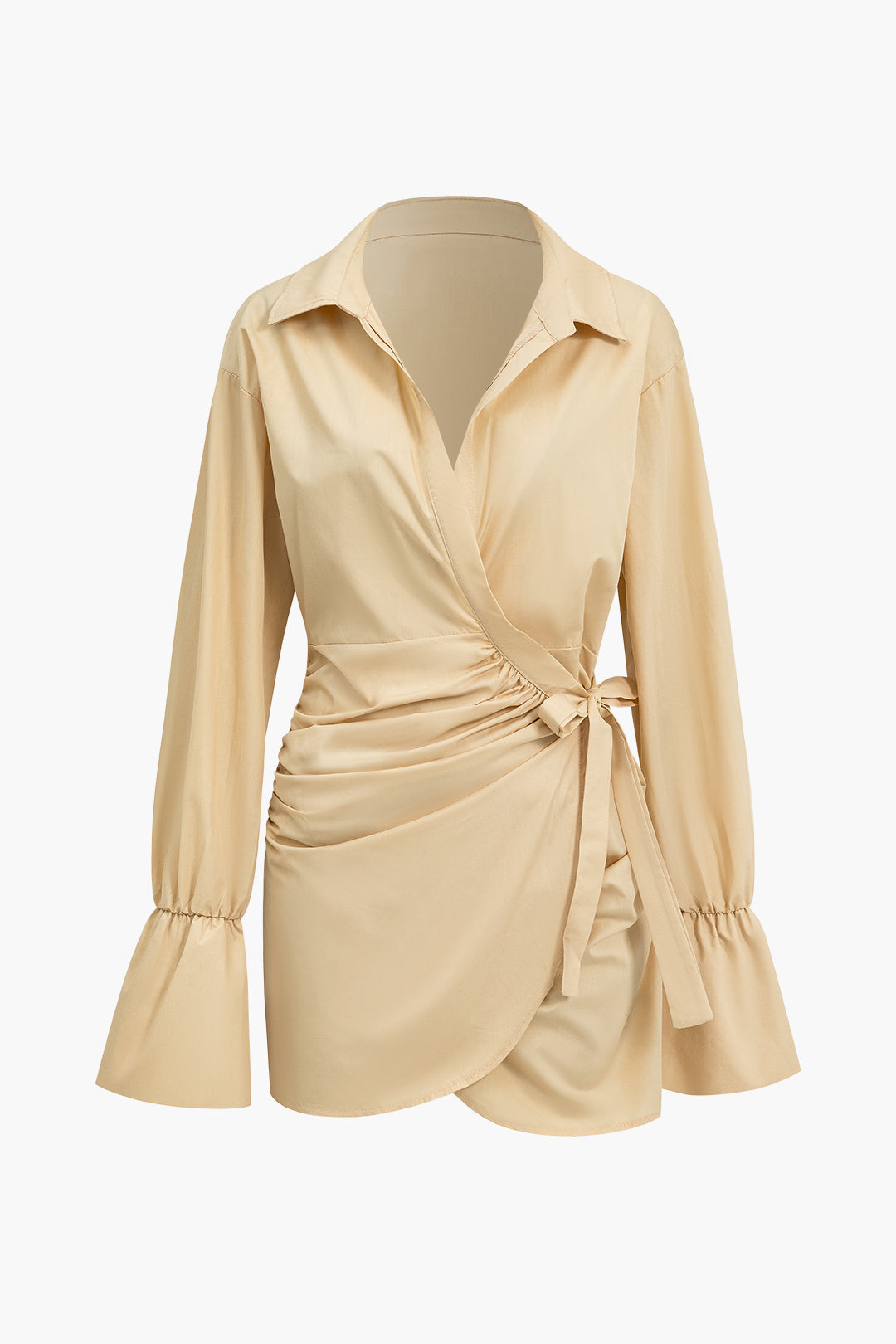 Ruched Crossed Tie Front V-Neck Bell Sleeve Mini Dress