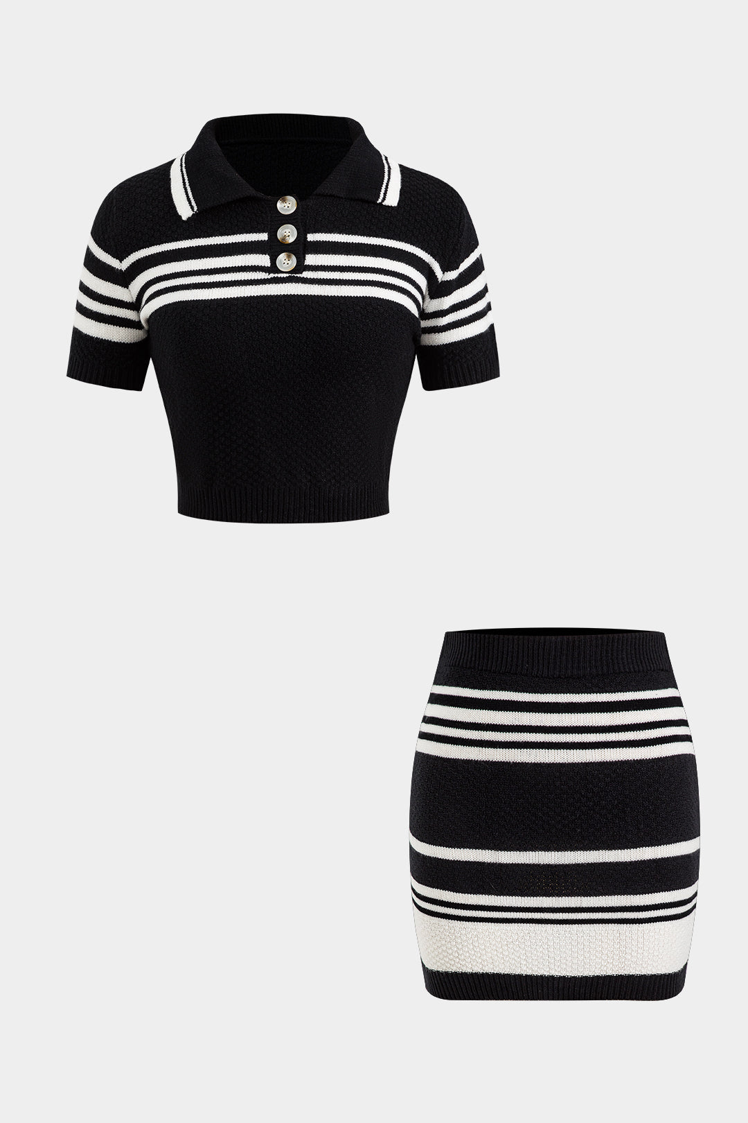 Sweater Stripe Button Short Sleeve Top And Skirt Set