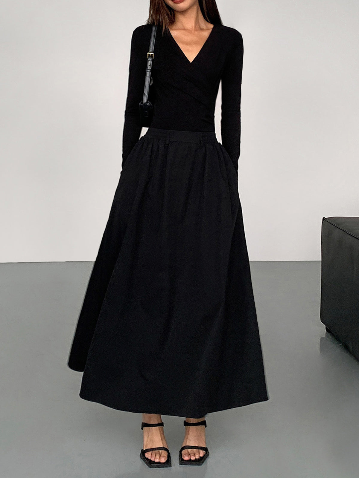 V-Neck Double Pockets Long Sleeve Long Dress