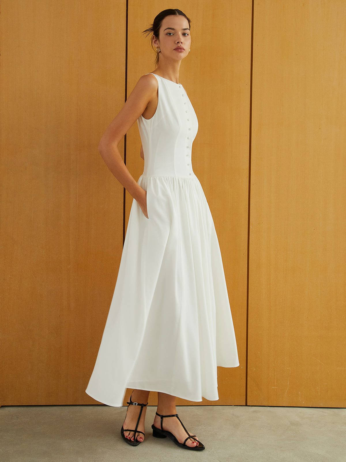 Button-Front Sleeveless Pockets Long Dress