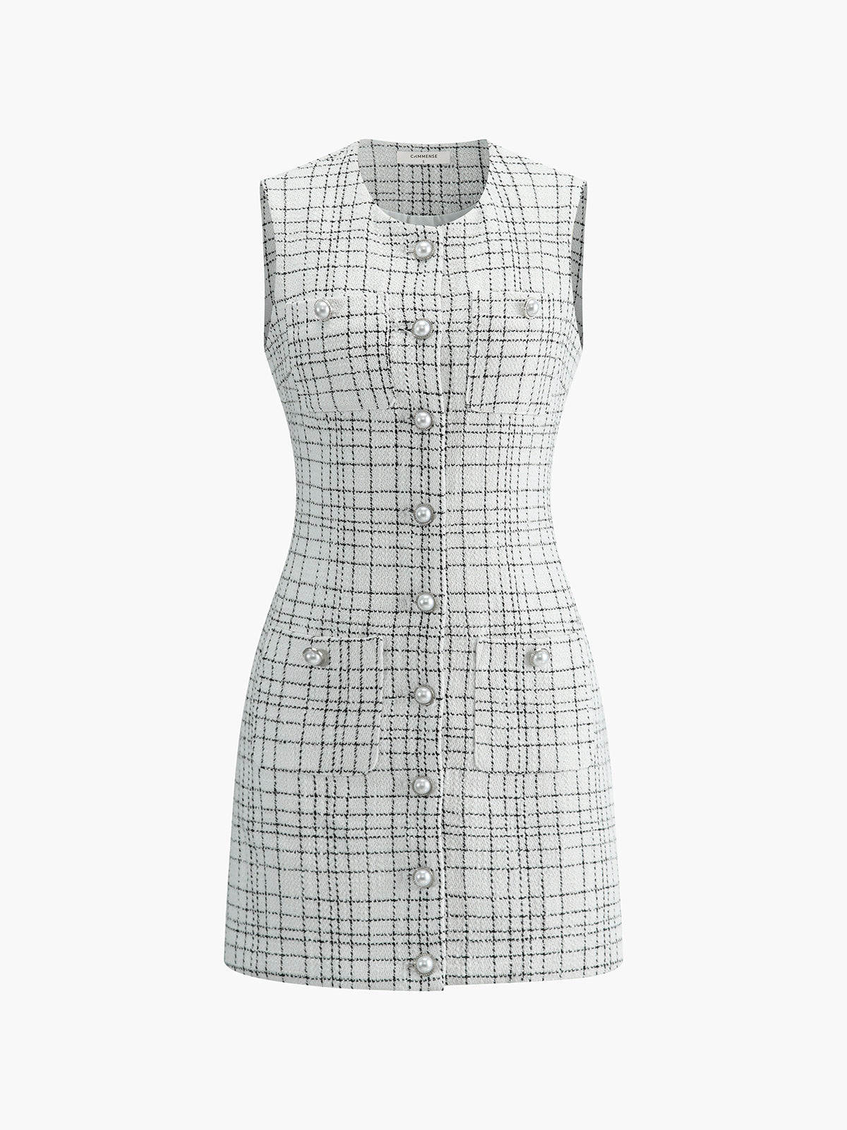 Plaid Print Pearl Button Sleeveless Short Dress