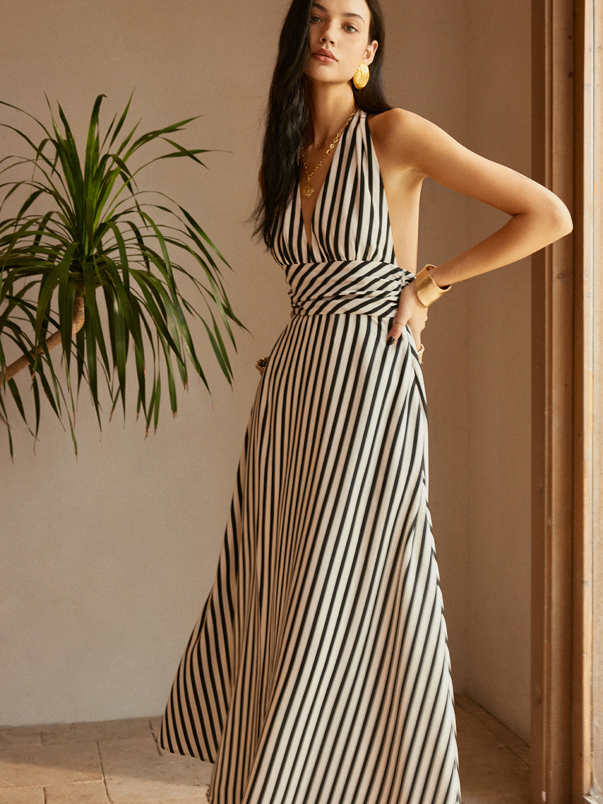 Stripe Backless Pockets Dress