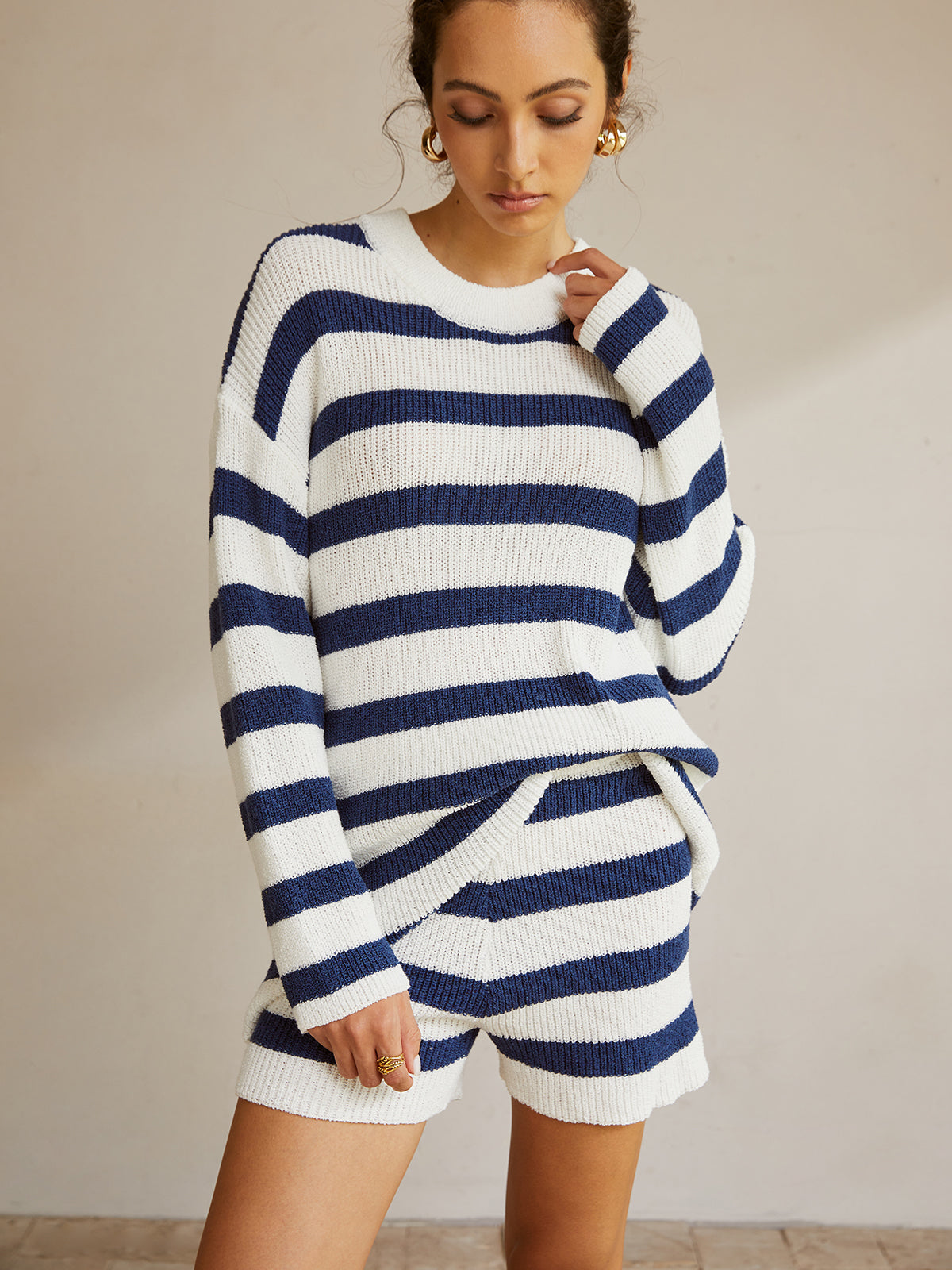 Striped Ribbed Sweater Shorts Set