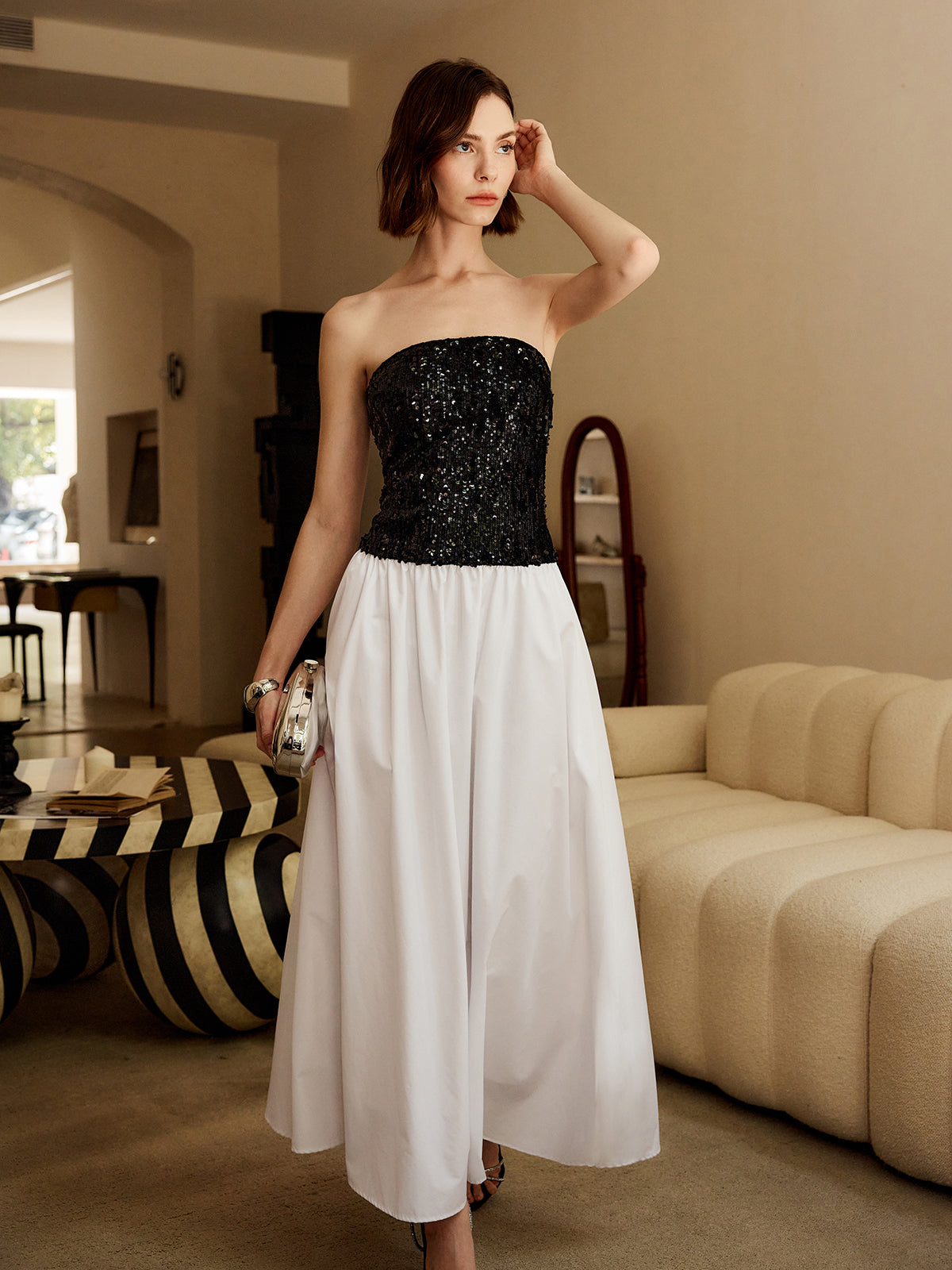 Pleated Sequins Tube Long Dress