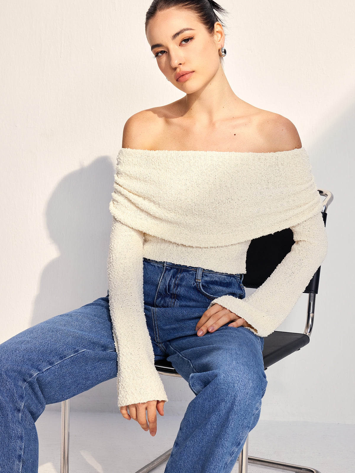 Off Shoulder Plain Knit Top