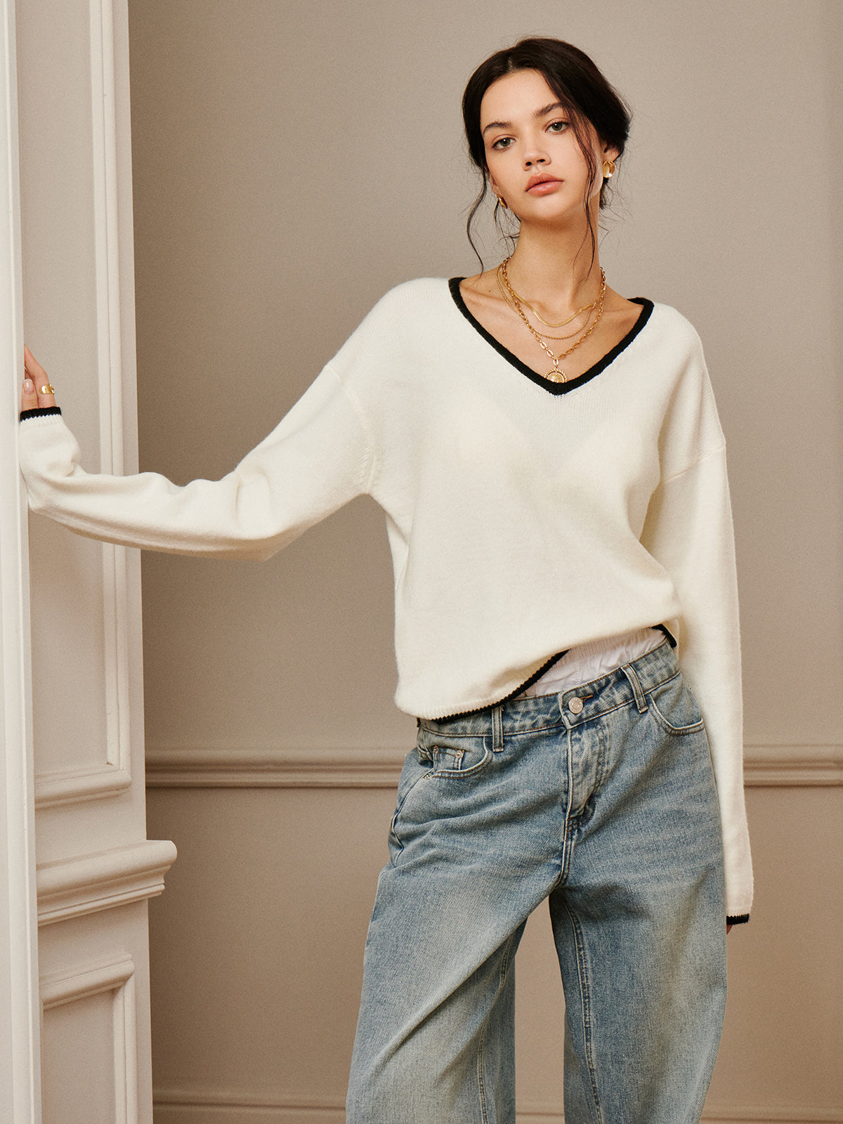 Embroidered Trim Draped Shoulder Knit Top