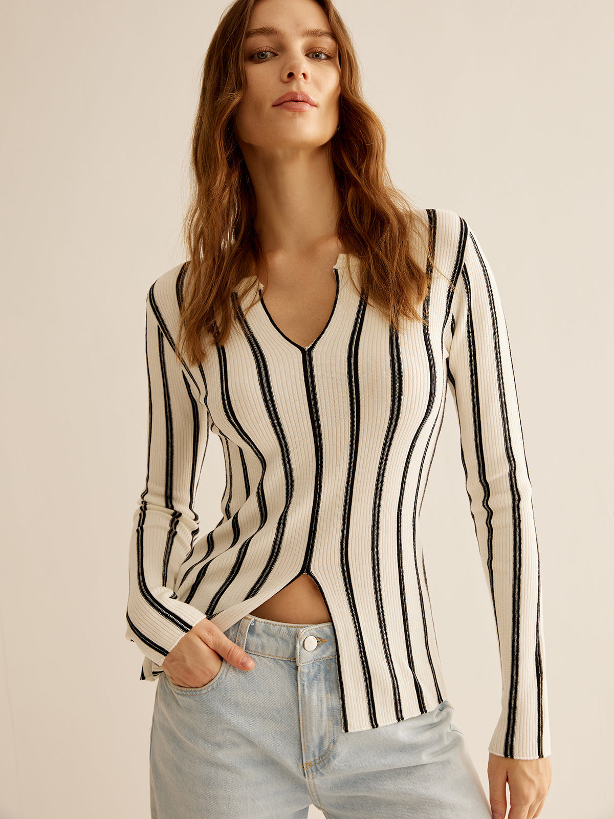 Split Pinstripe Slim Knit Top