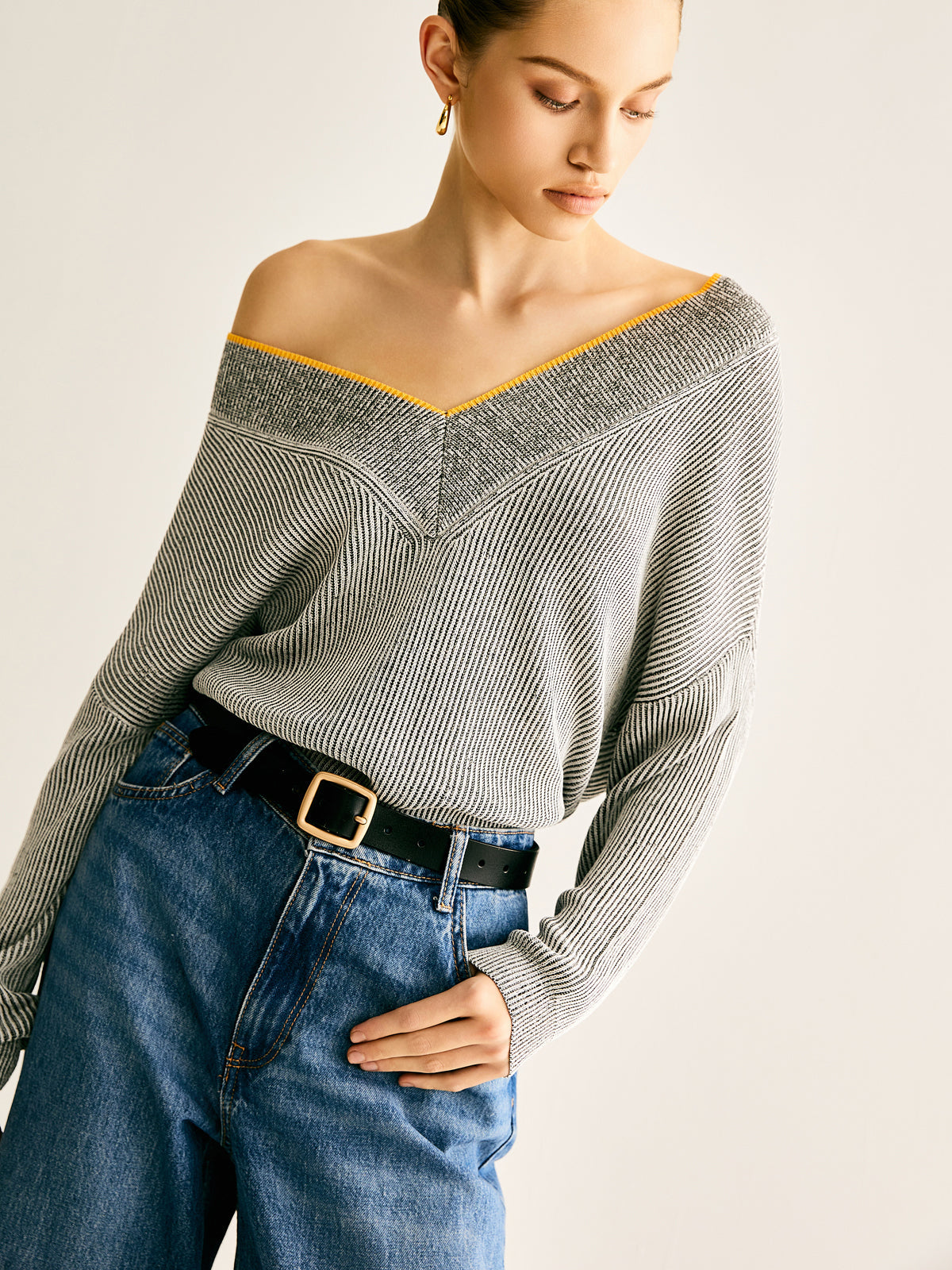 V-Neck Two-Tone Rib Knit Top