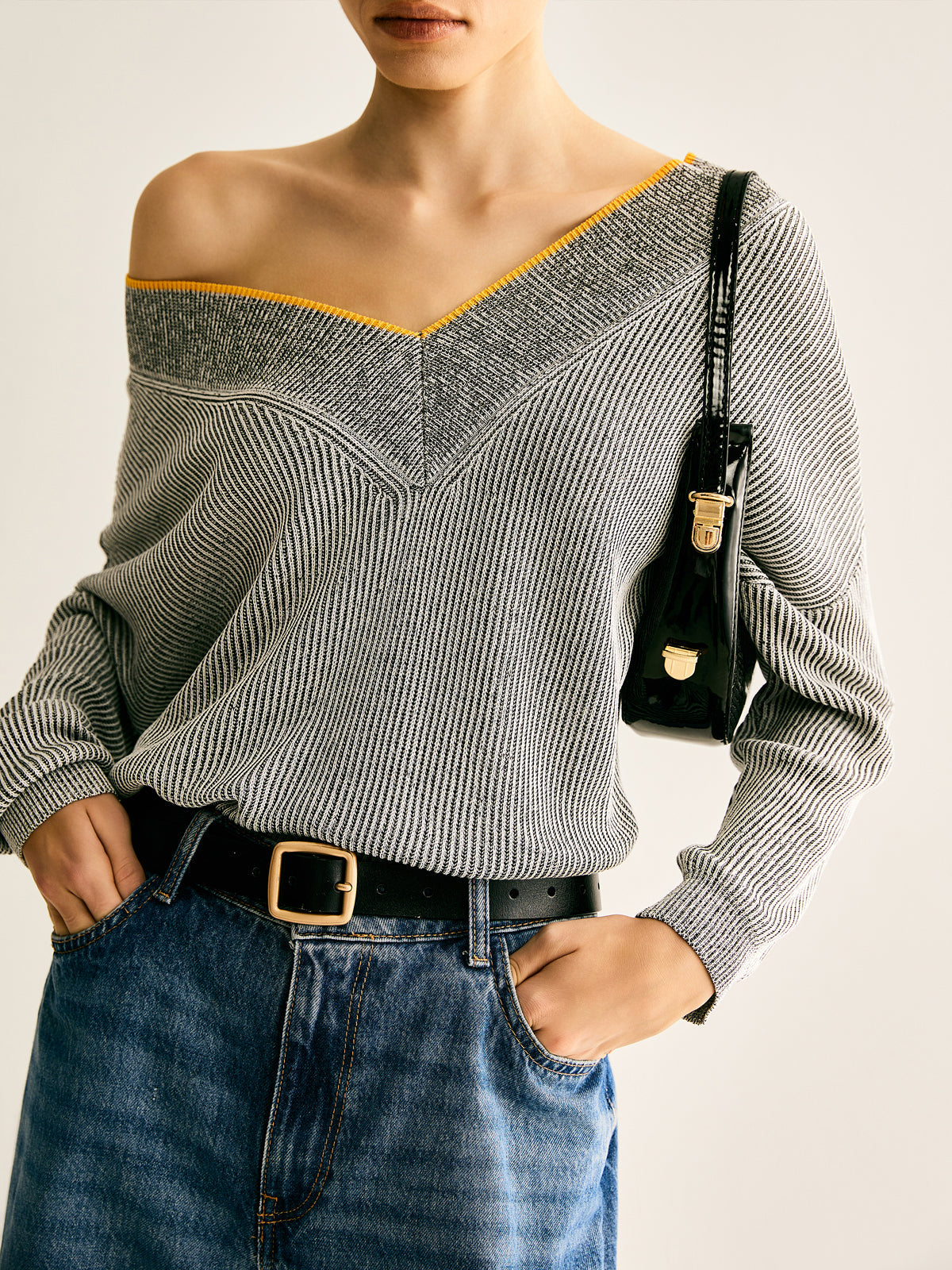 V-Neck Two-Tone Rib Knit Top