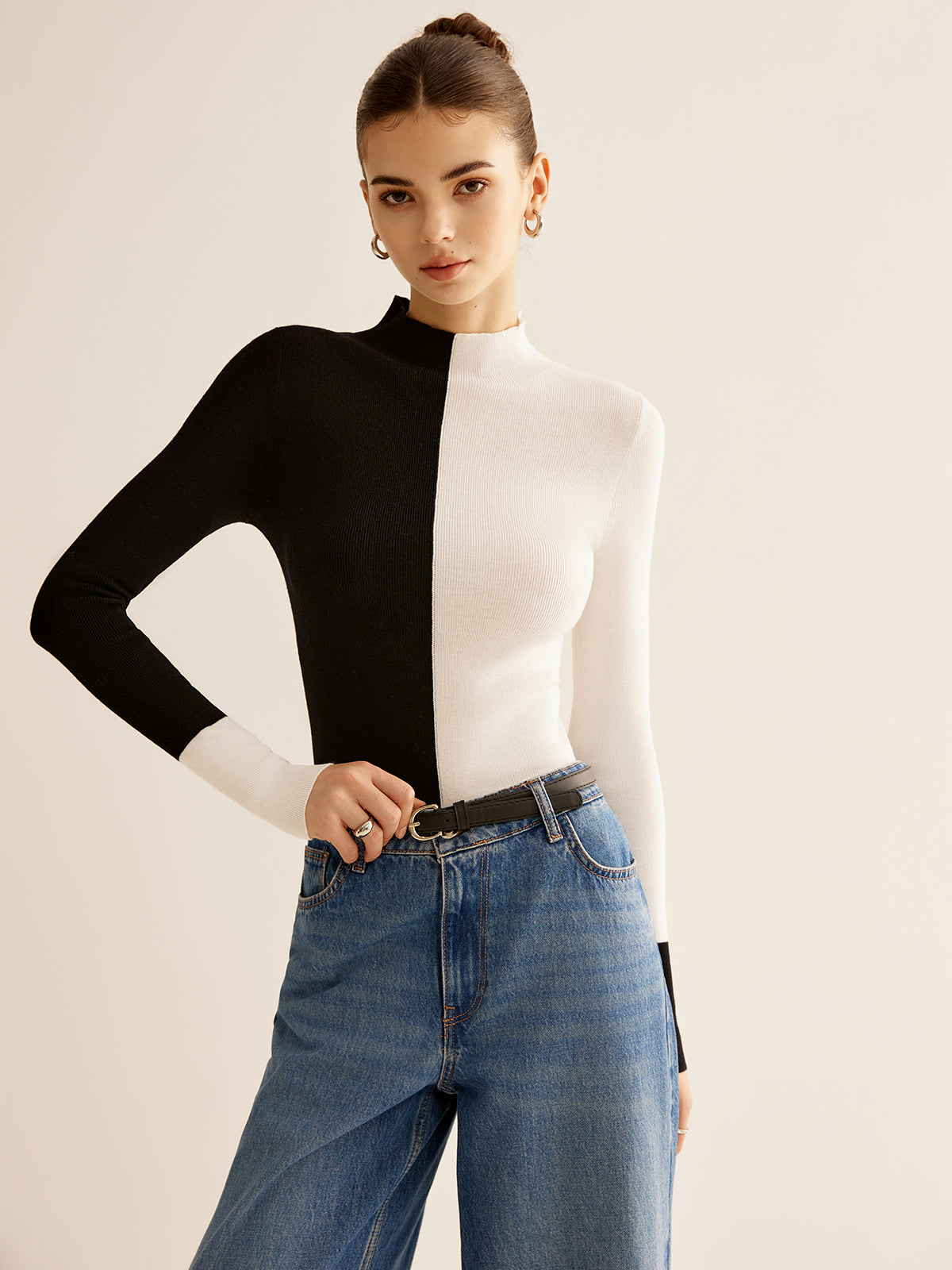 Wool-Blend Two Tone Skinny Knit Top