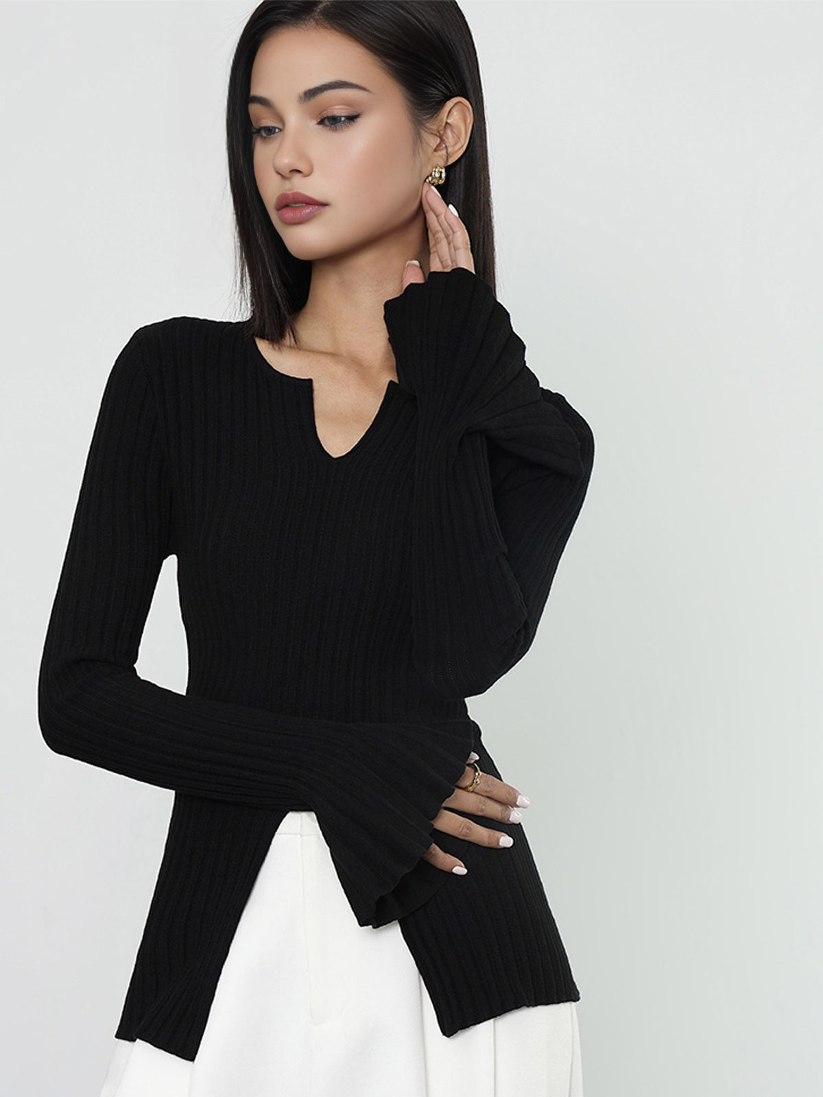 Ribbed Split Ruffle Knit Top