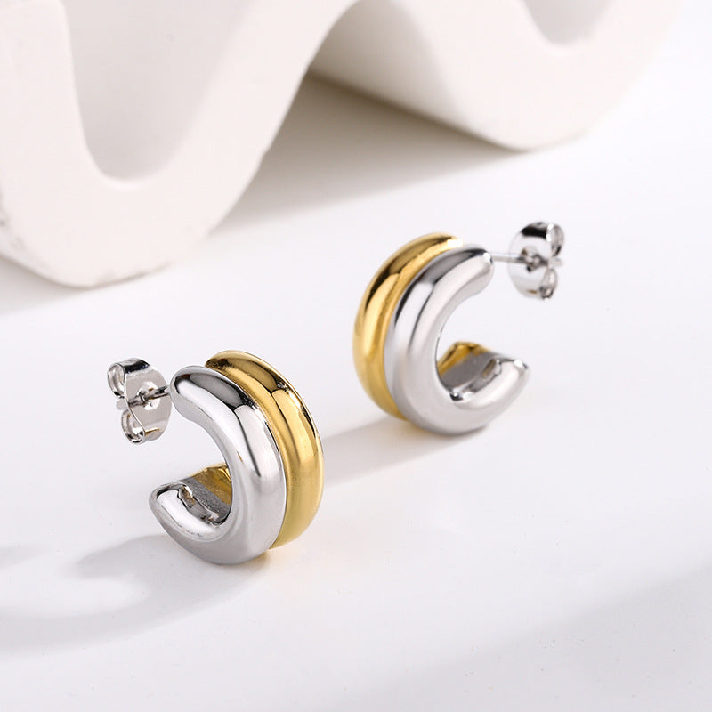 Two-Tone C-Shape Stud Hoop Earrings