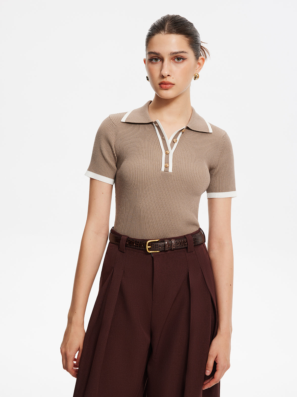 Contrast Trim Metal Button Knit Top