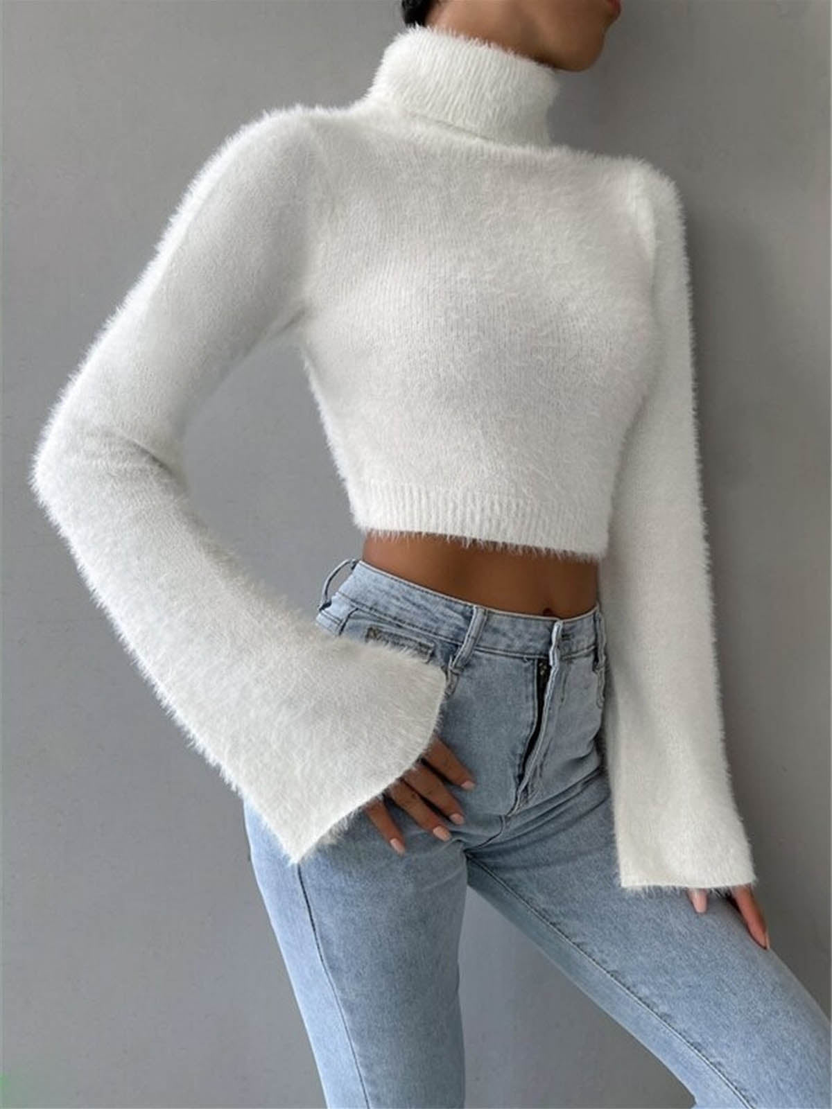 Turtleneck Fuzzy Crop Knit Top