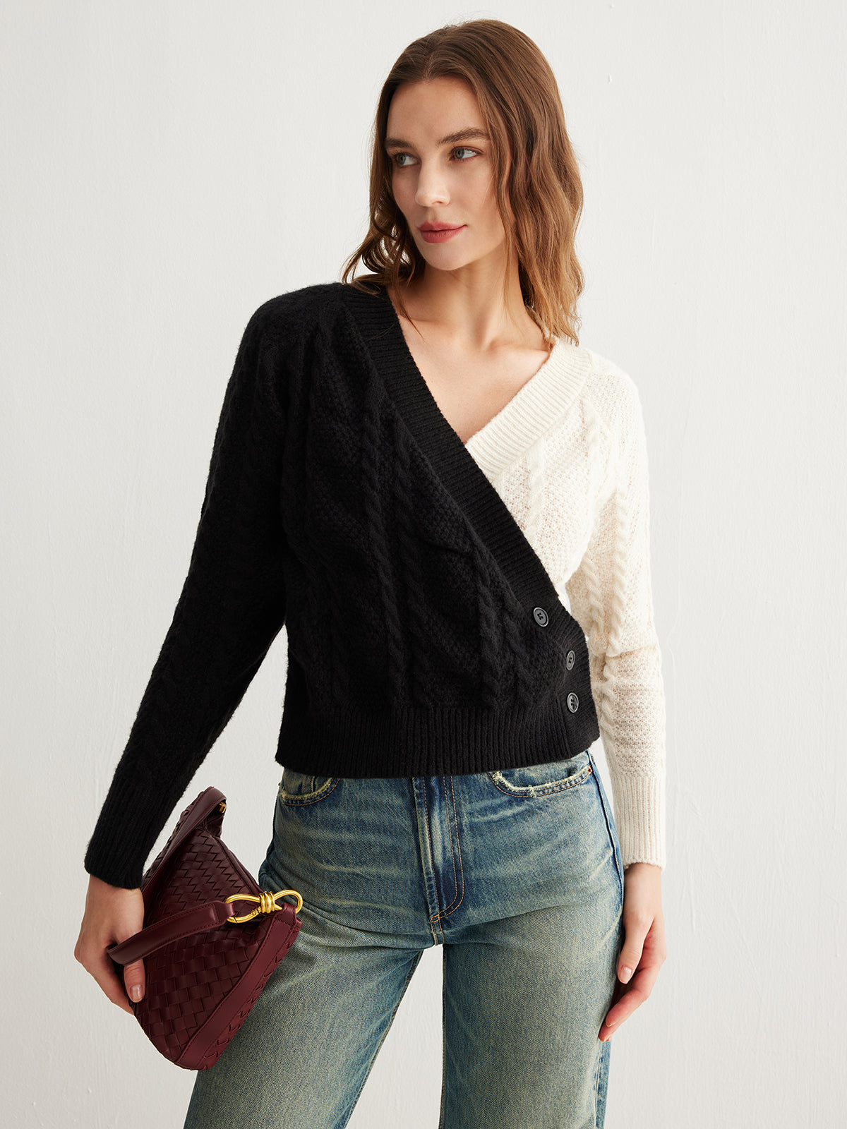 Two-Tone Criss Cross Button Knit Top