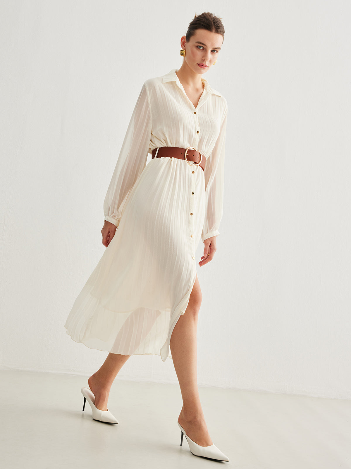 Chiffon Button Pleated Dress With Belt