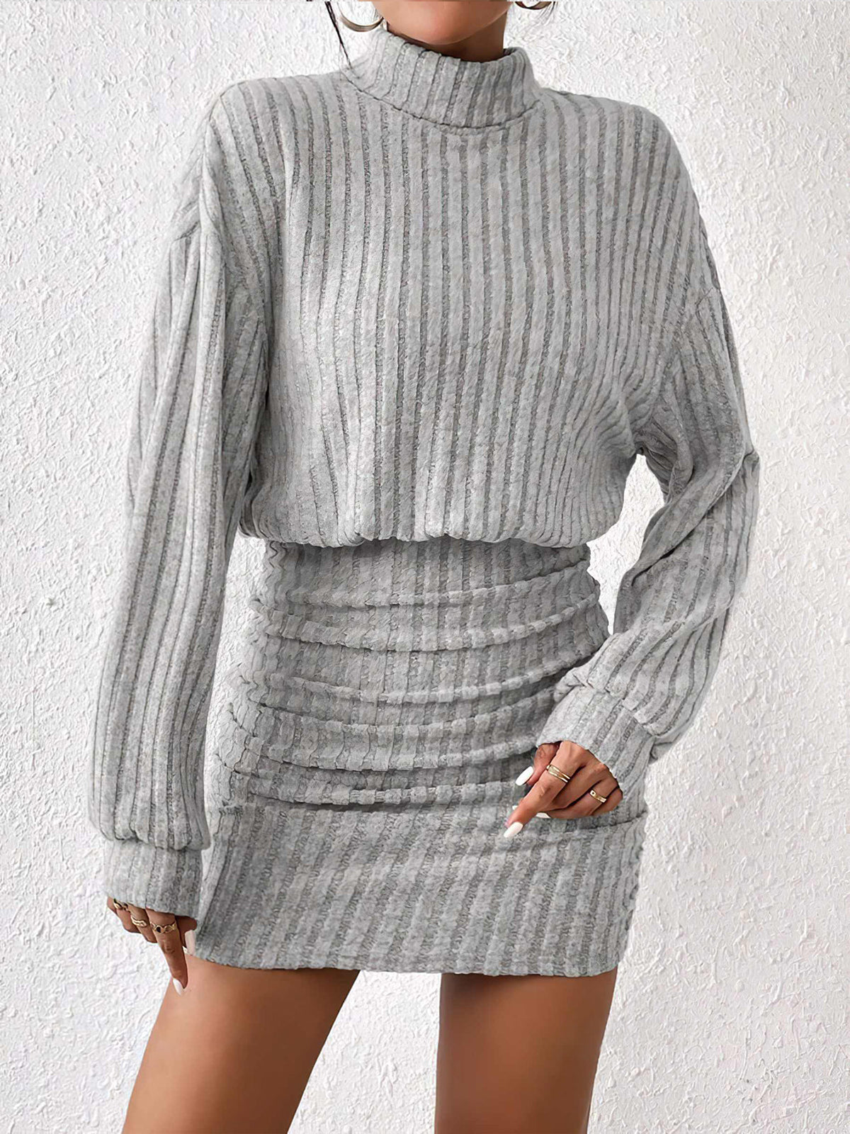 Mock Neck Ribbed Short Dress