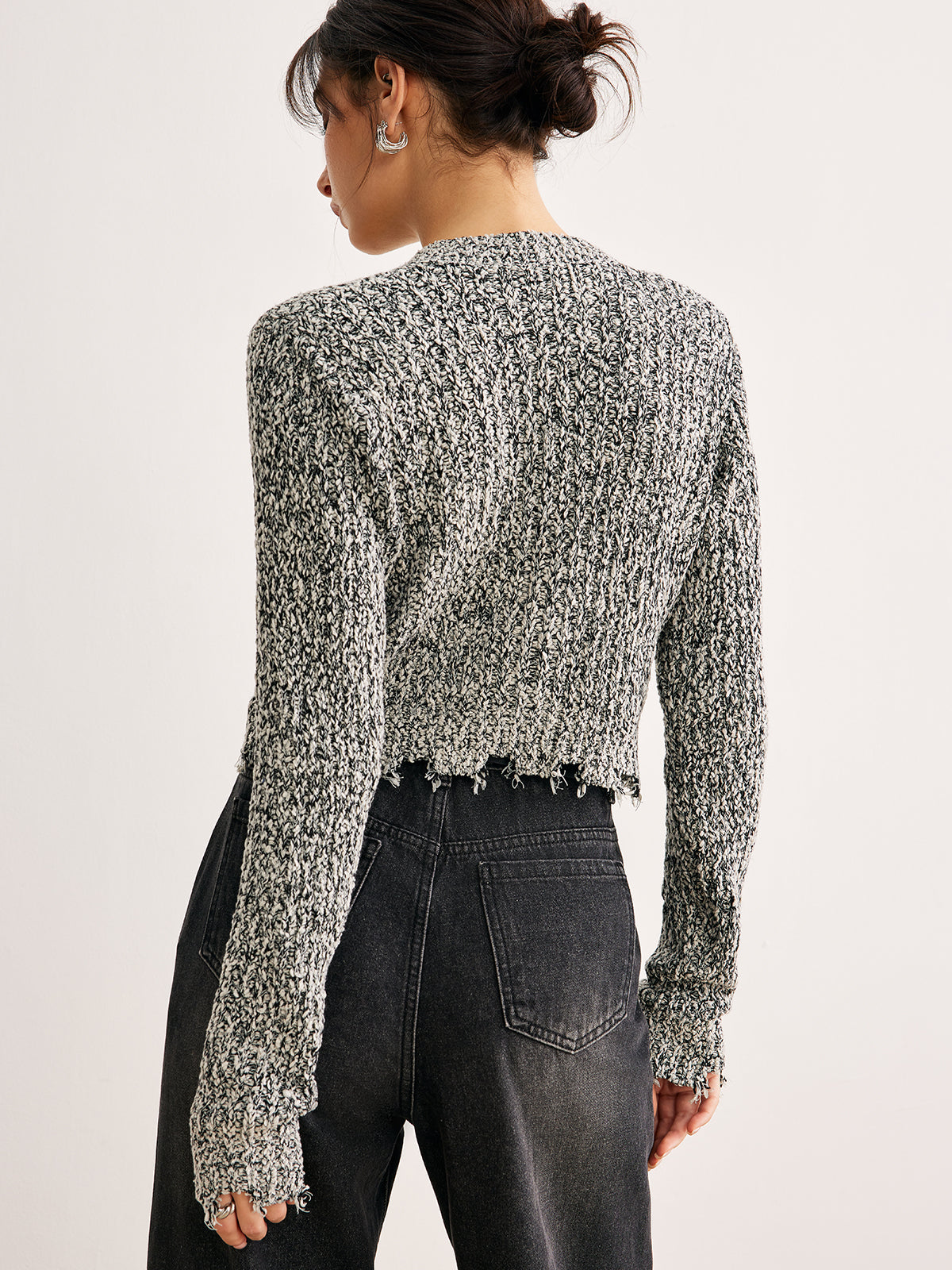 Raw Hem Button Slim Knit Top