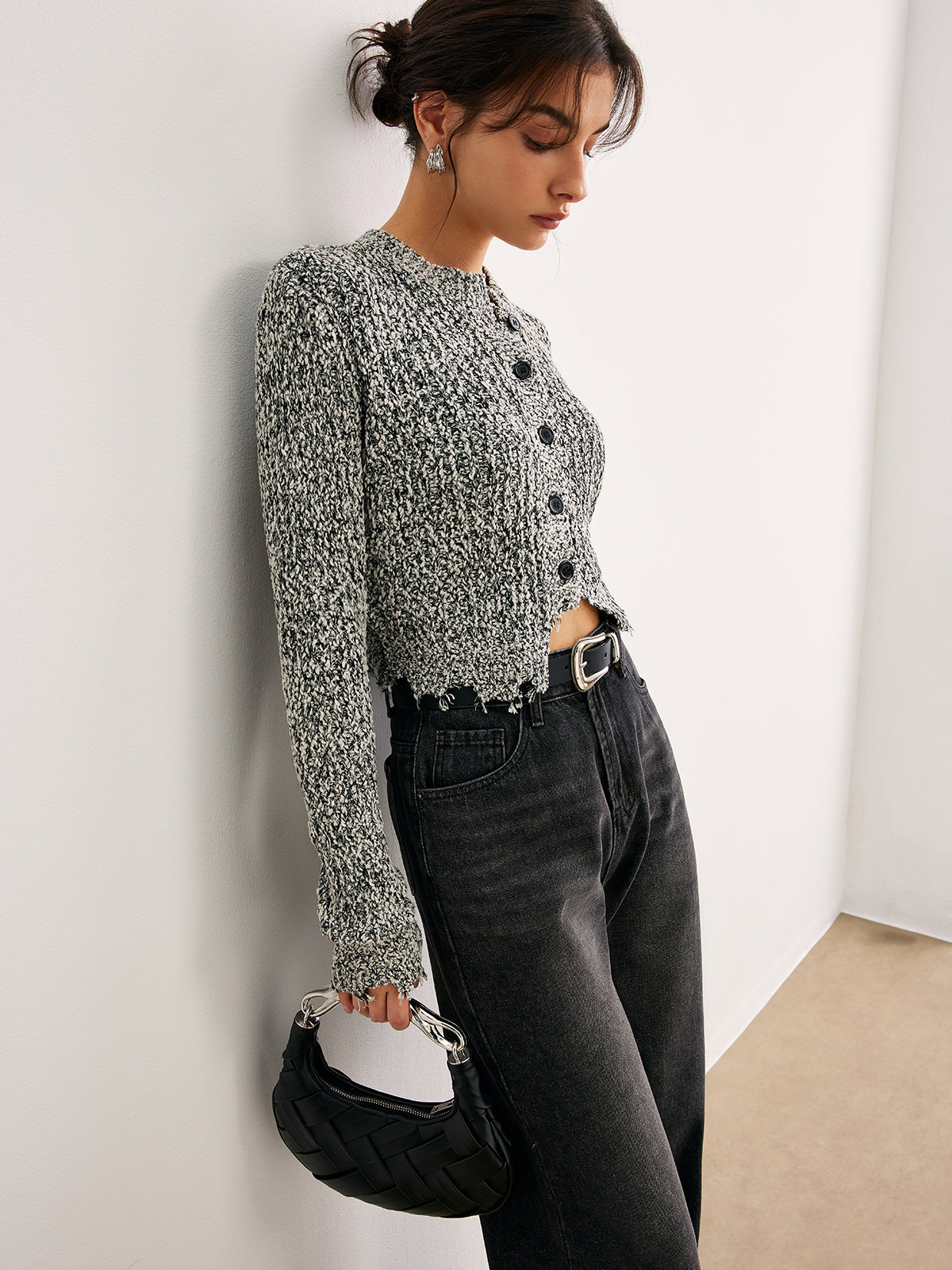 Raw Hem Button Slim Knit Top