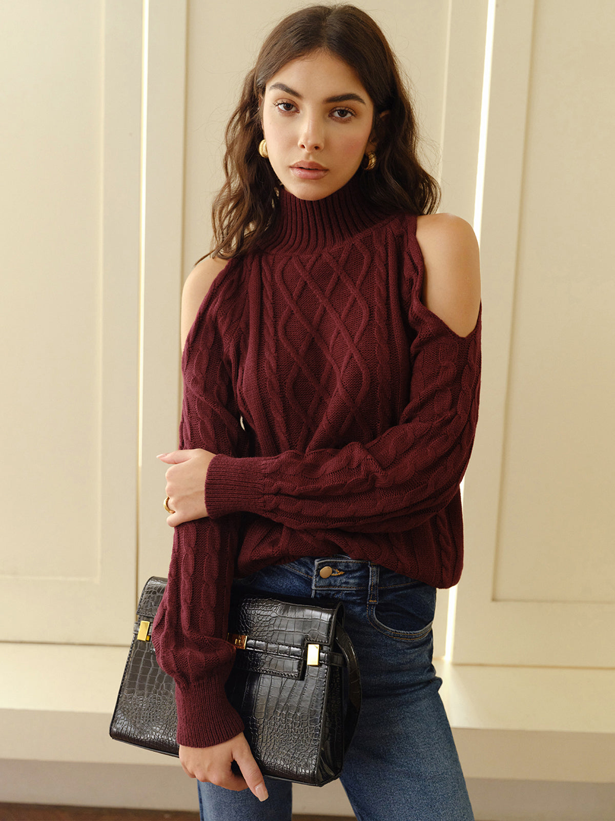 Mock Neck Cold-Shoulder Knit Top