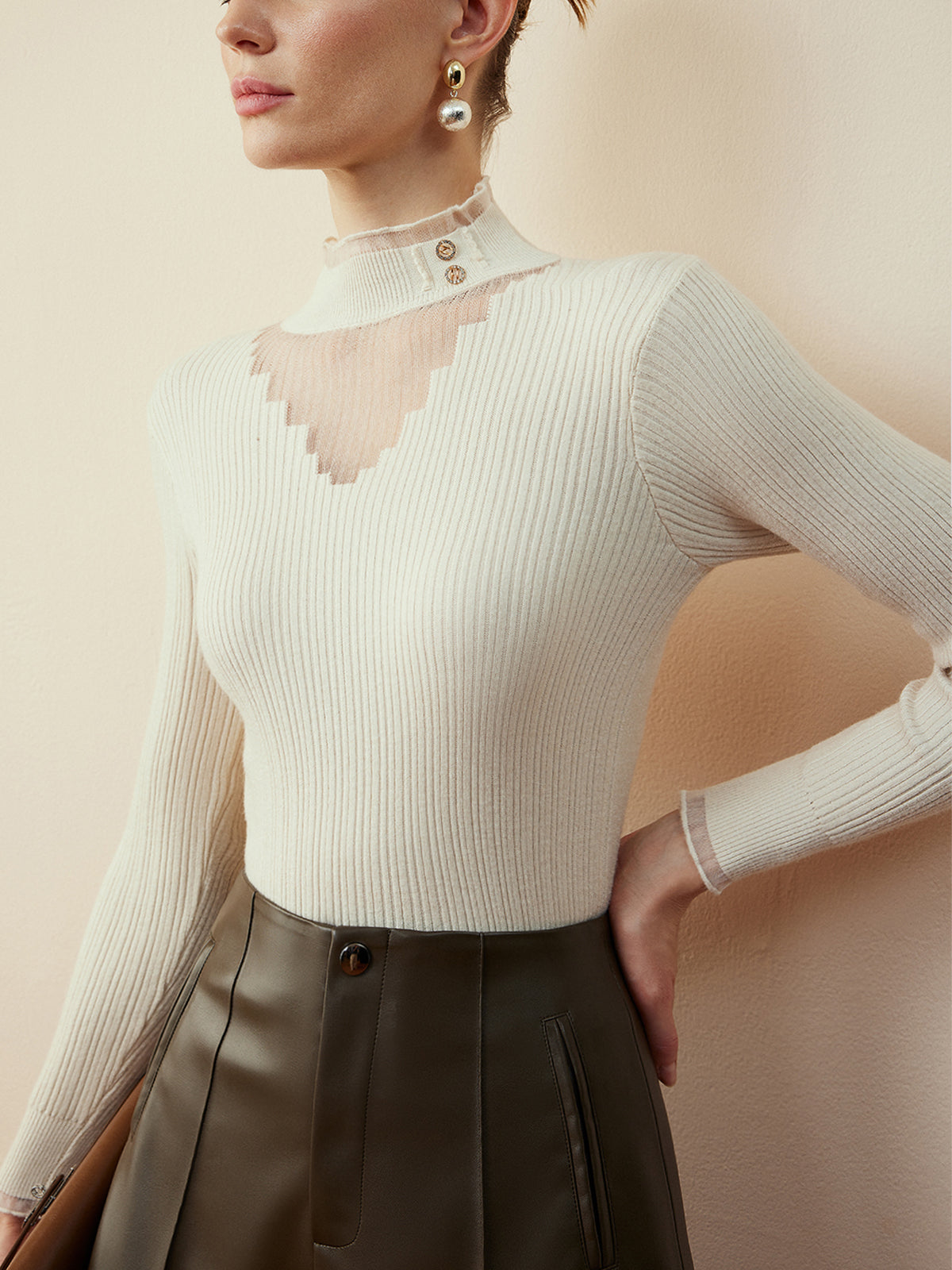 Mock Neck Sheer-Detail Slim Knit Top