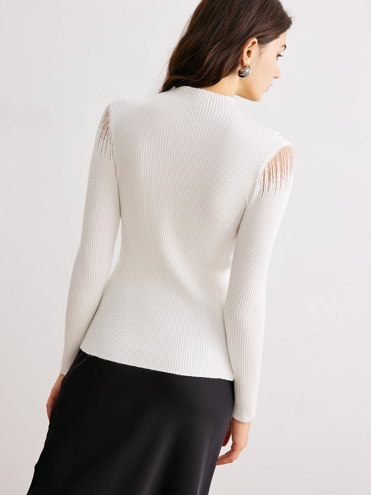 Mock Neck Sheer-Detail Knit Top