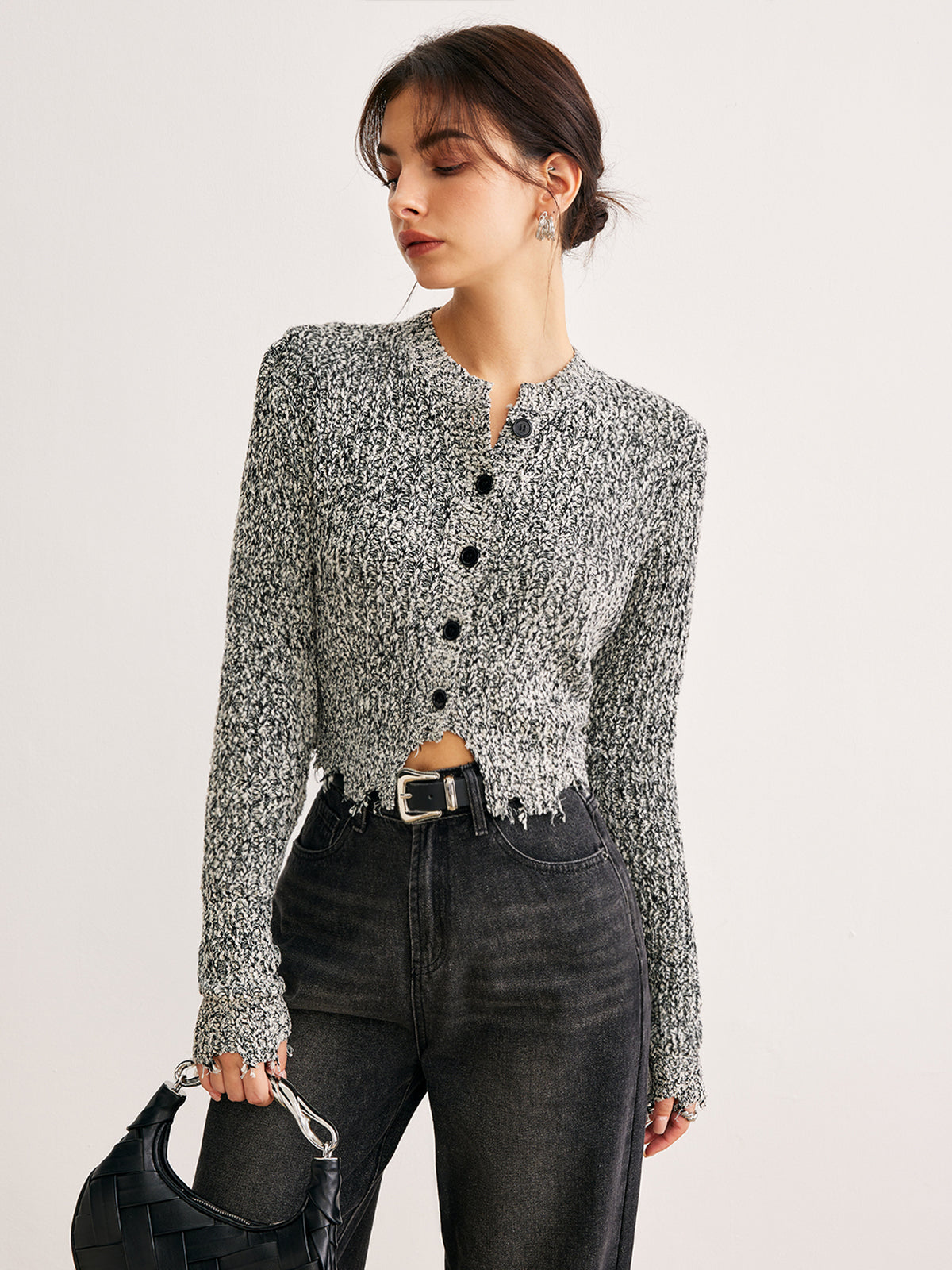 Raw Hem Button Slim Knit Top