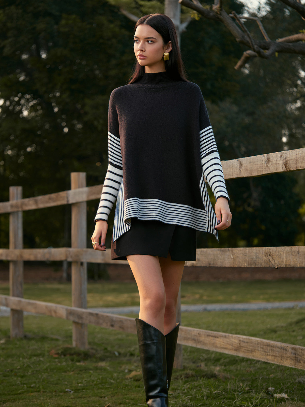 Two-Tone Pinstripe Split Knit Top