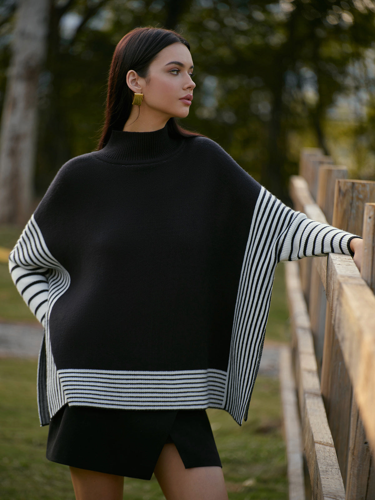 Two-Tone Pinstripe Split Knit Top