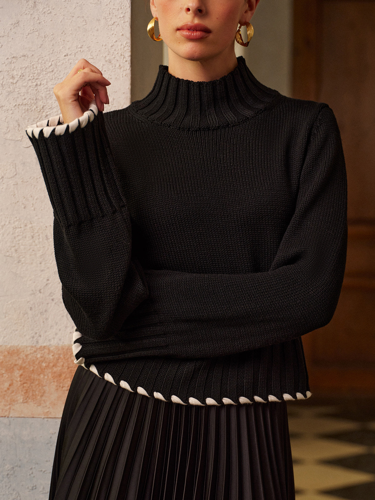 Wool-Blend Contrast Binding Ribbed Knit Top