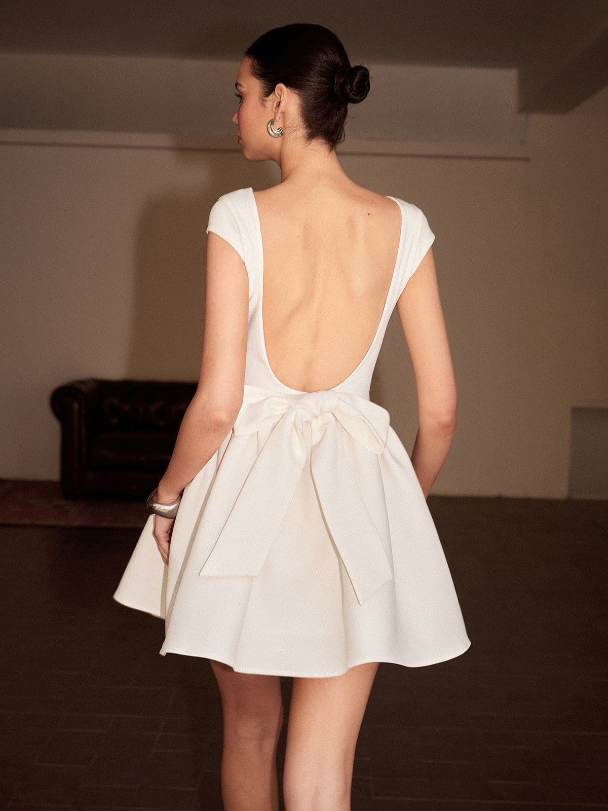 Bow Backless Pleated Short Dress