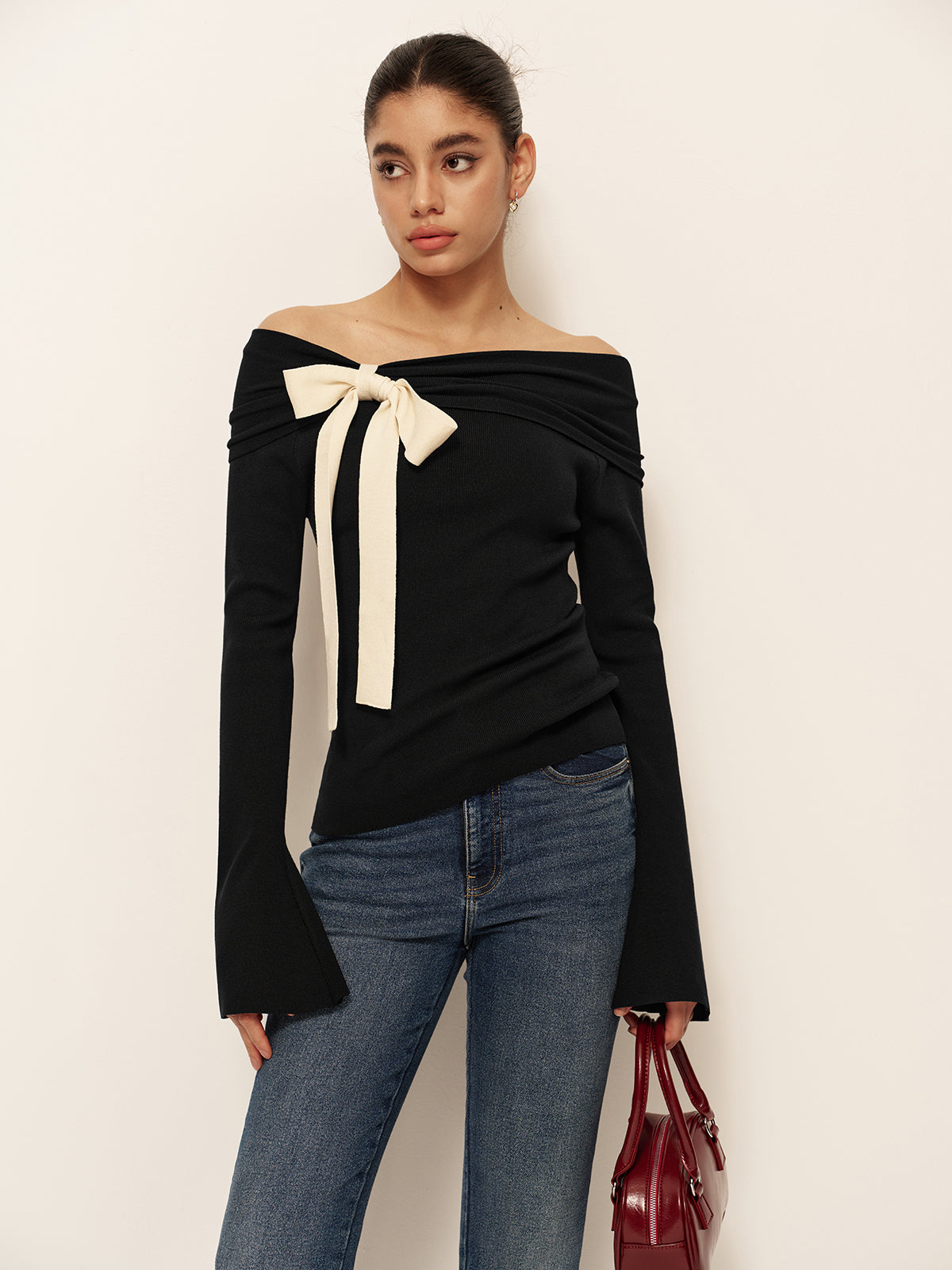 Wool-Blend Bow-Decor Bell Sleeve Knit Top