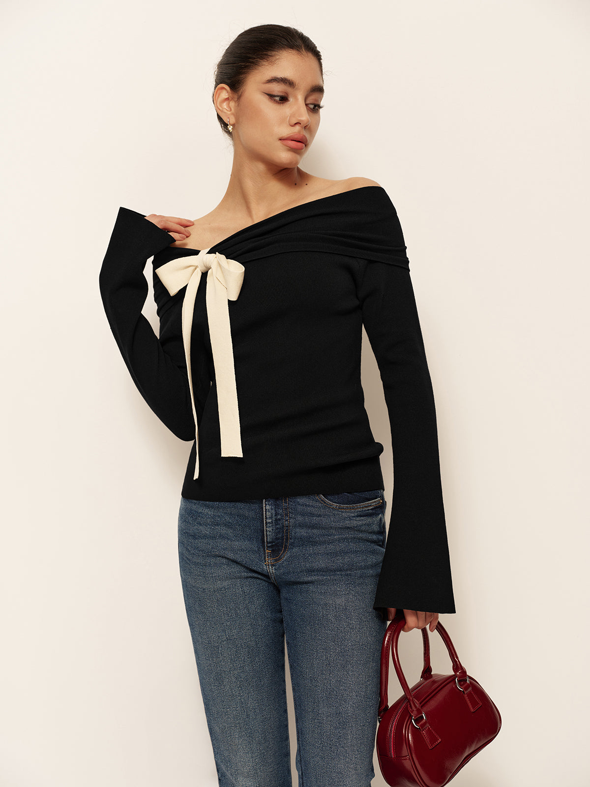 Wool-Blend Bow-Decor Bell Sleeve Knit Top