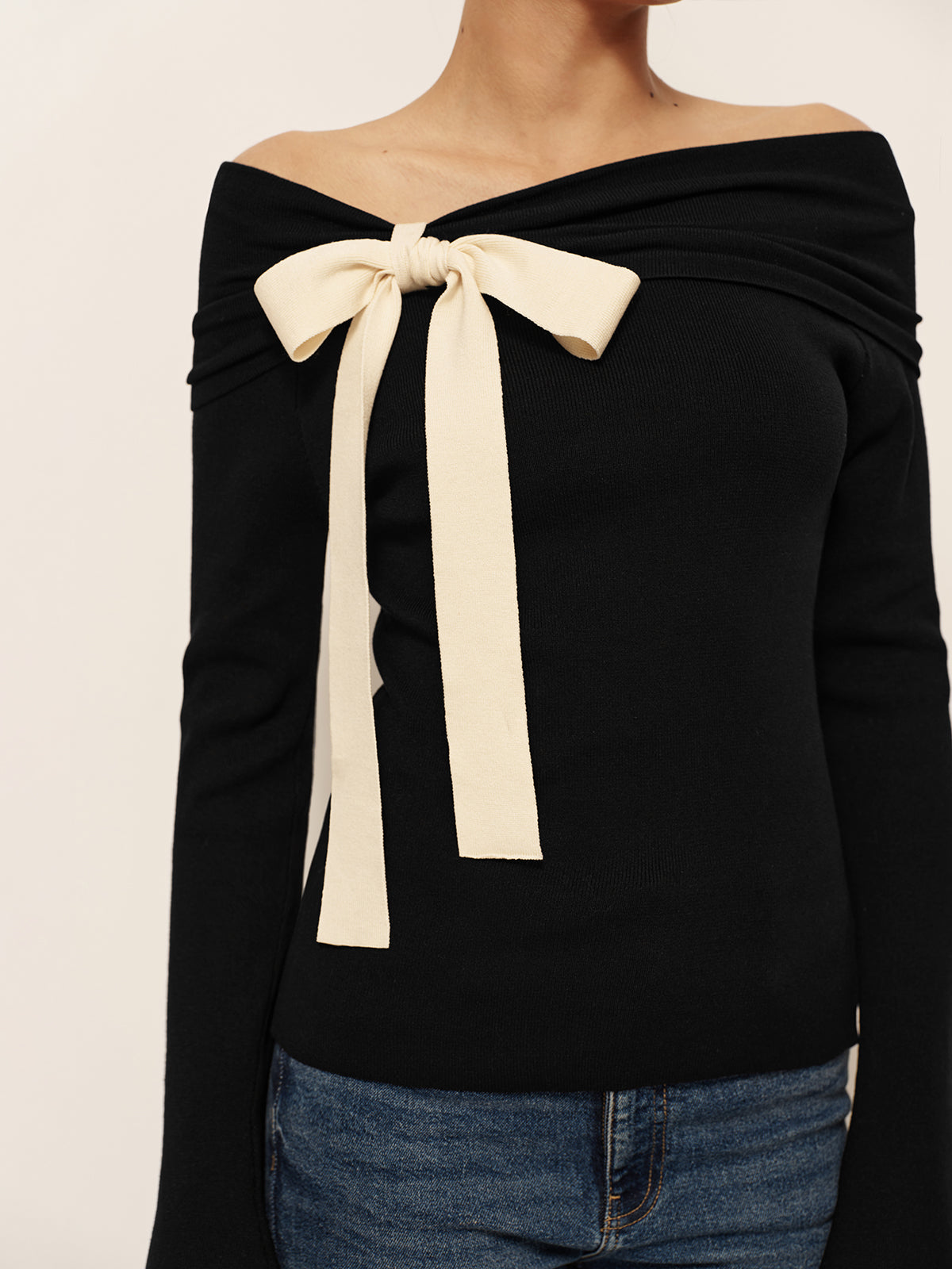 Wool-Blend Bow-Decor Bell Sleeve Knit Top