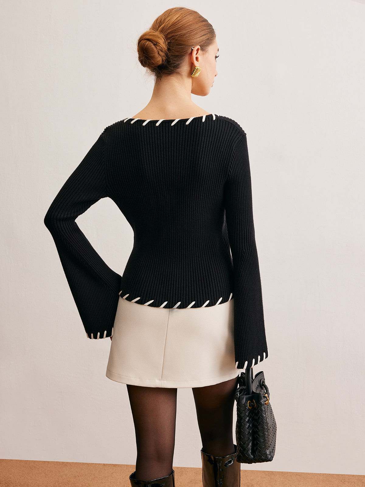 Bell-Sleeve Contrast Trim Knit Top