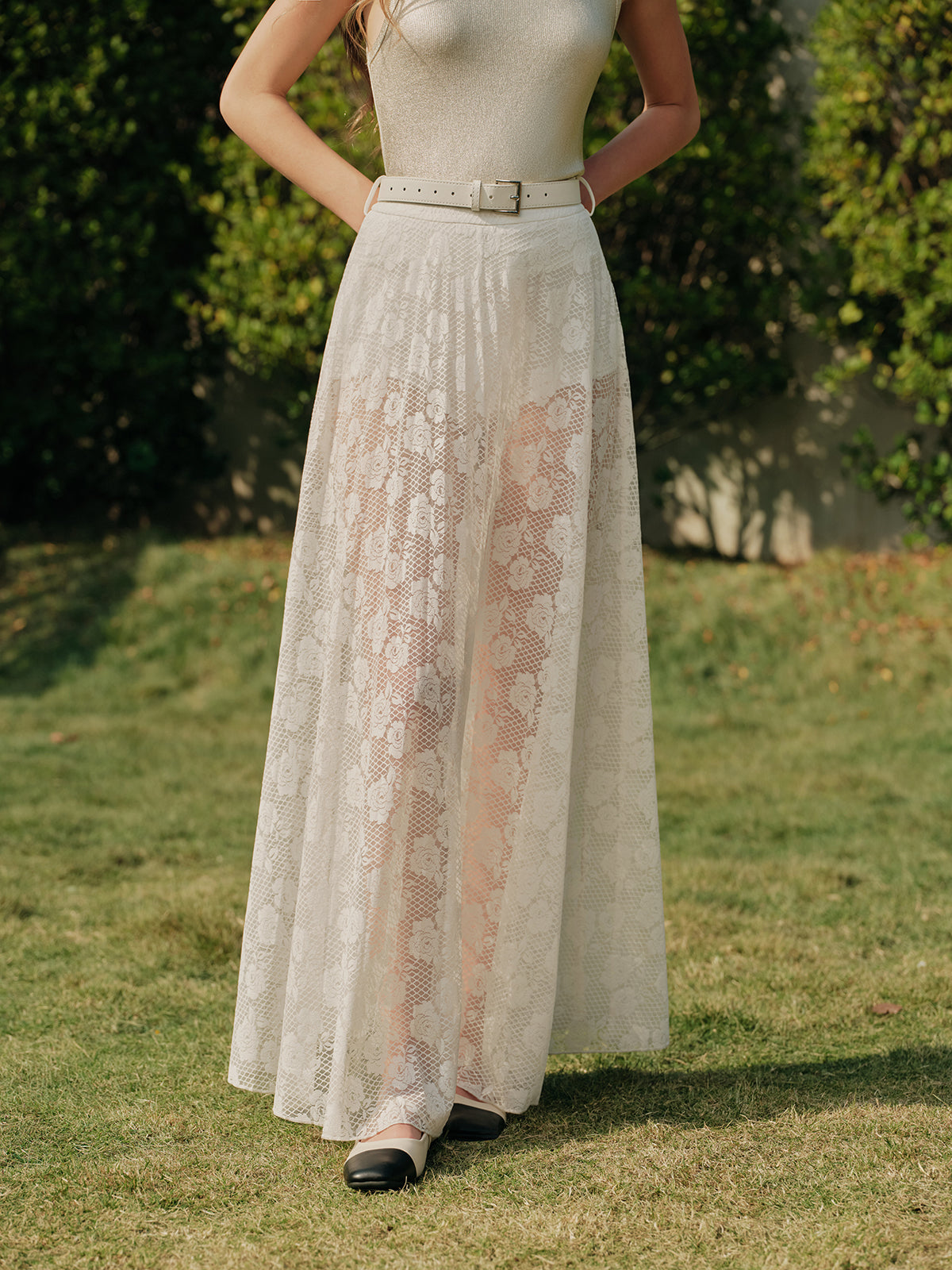 Sheer Lace Split Skirt With Belt