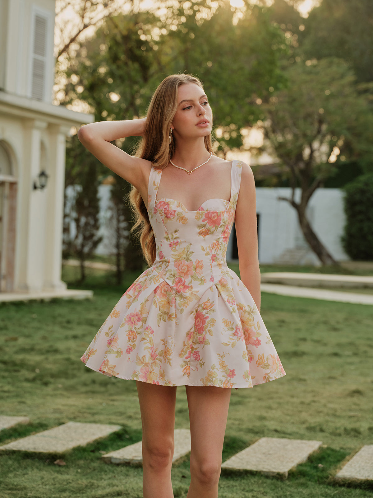 Floral Print Sweetheart Sleeveless Dress