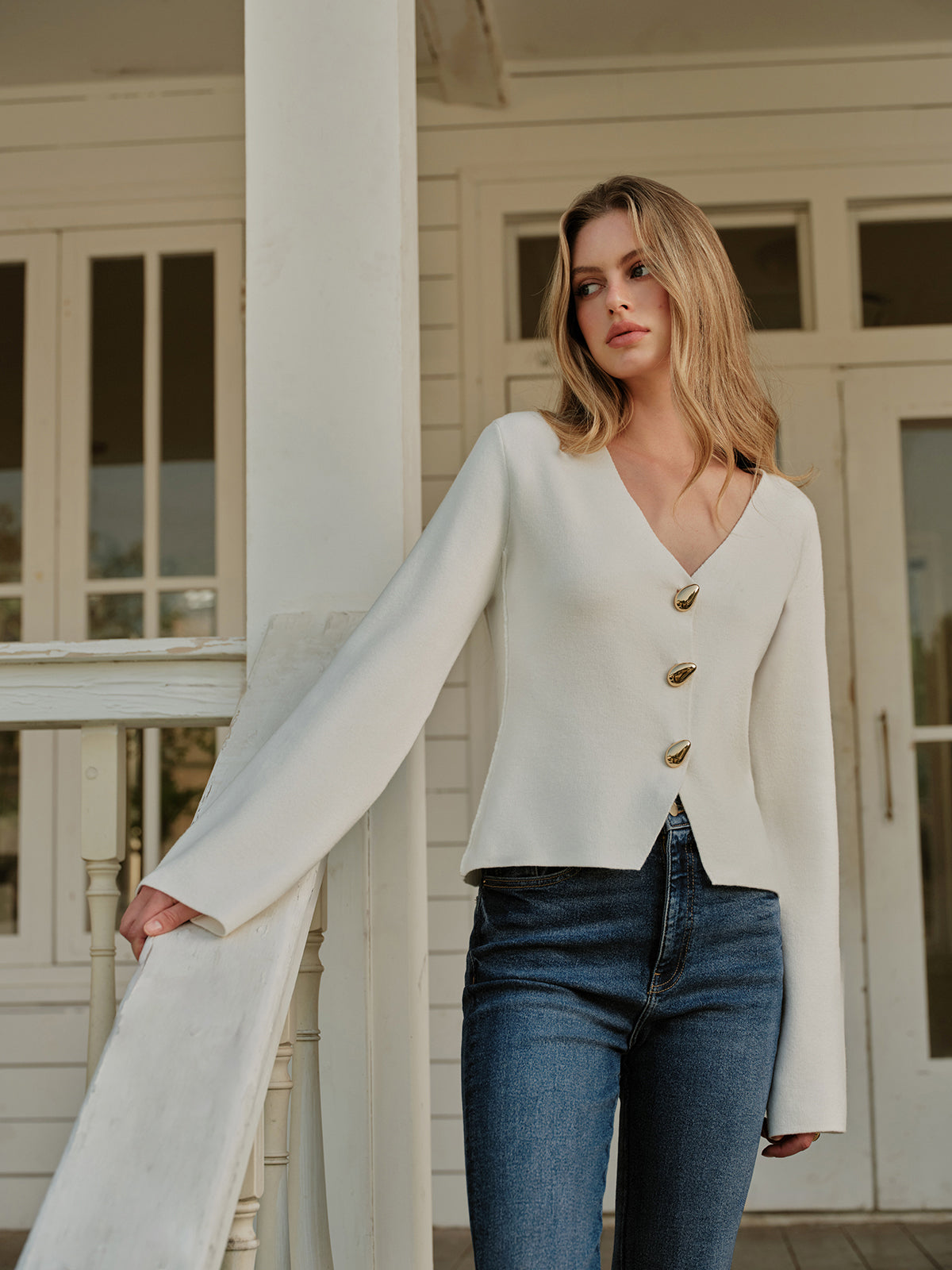 Metal Button V-Neck Cardigan