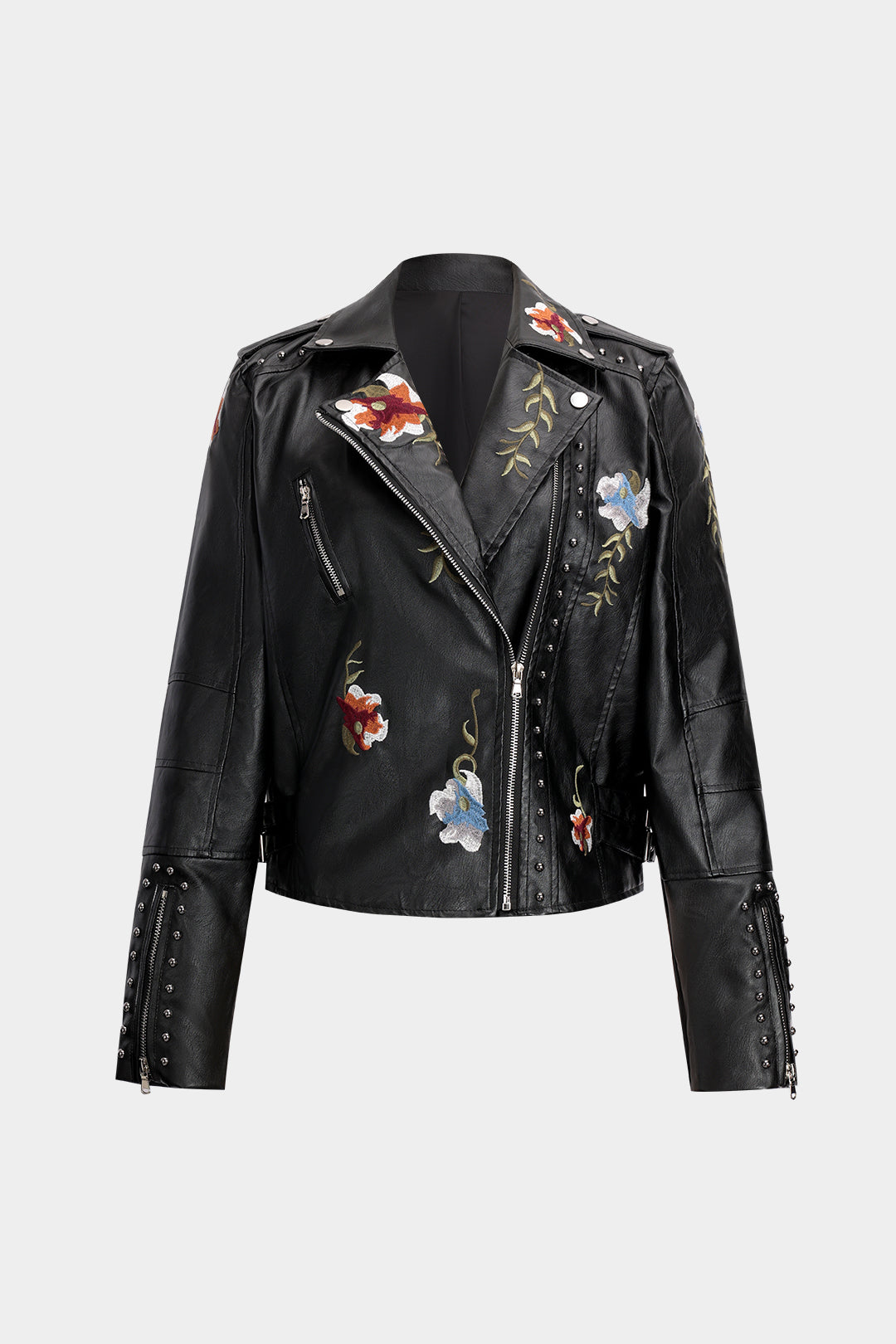 Floral Embroidery Faux Leather Zipper Long Sleeve Jacket