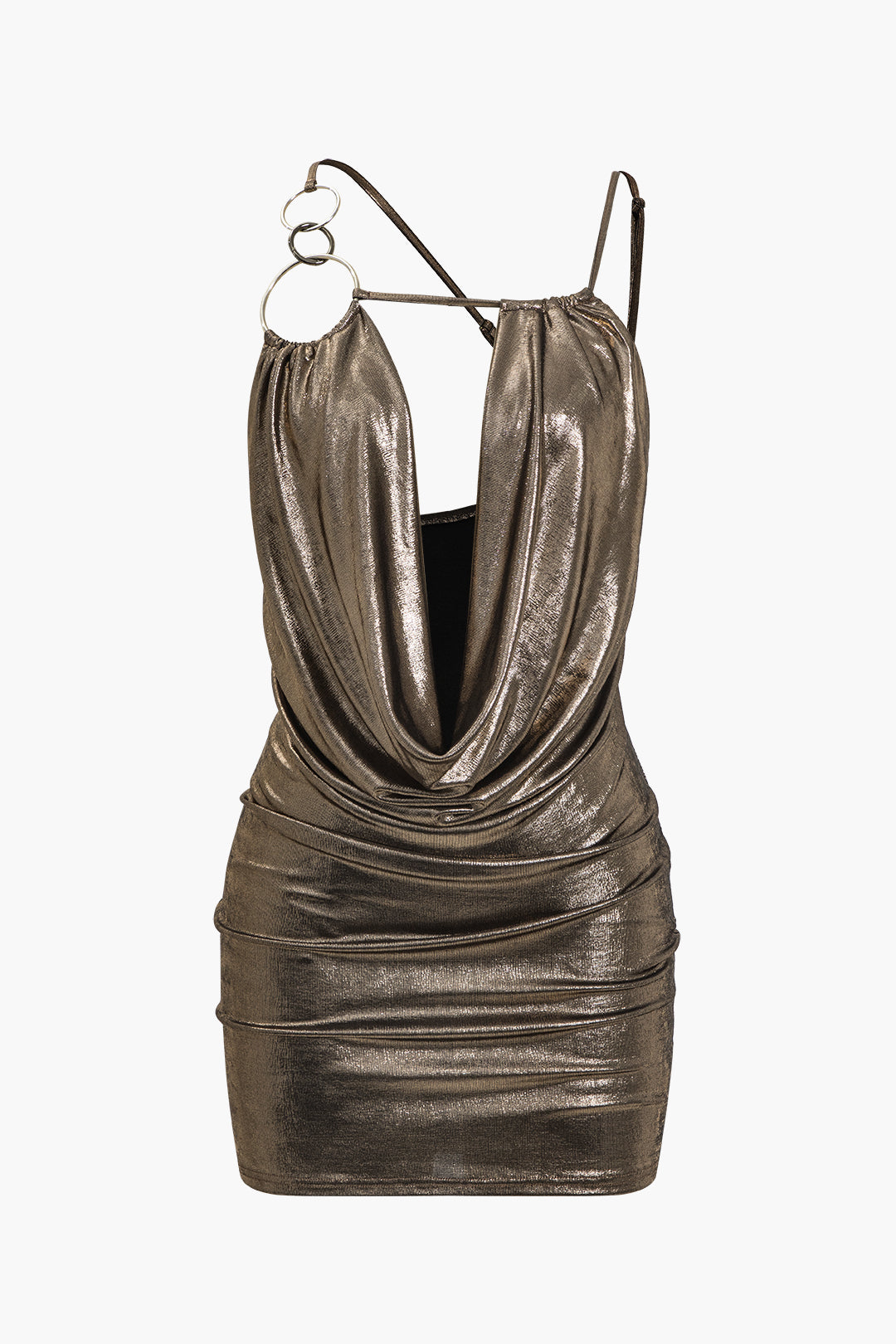 Fringe Cowl Neck Asymmetrical Mini Dress