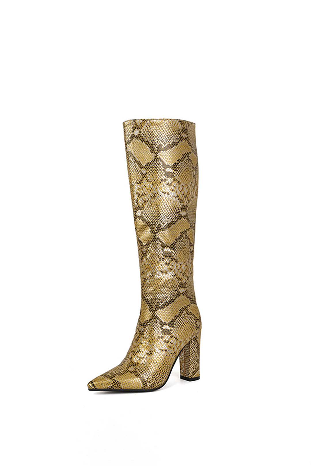 Snake Pattern Faux Leather Pointed Toe Knee High Boots