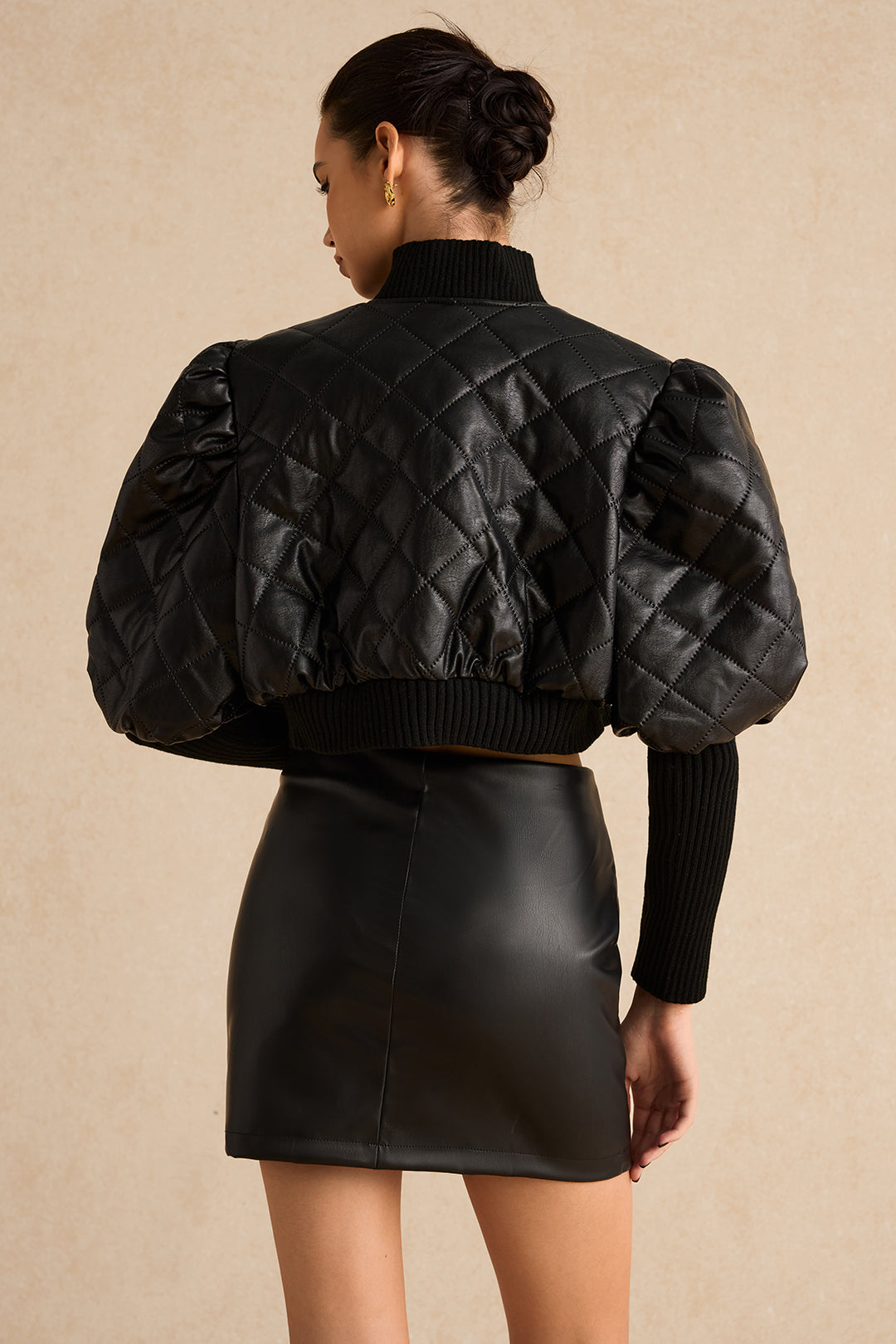 Faux Leather Gigot Sleeve Cropped Jacket